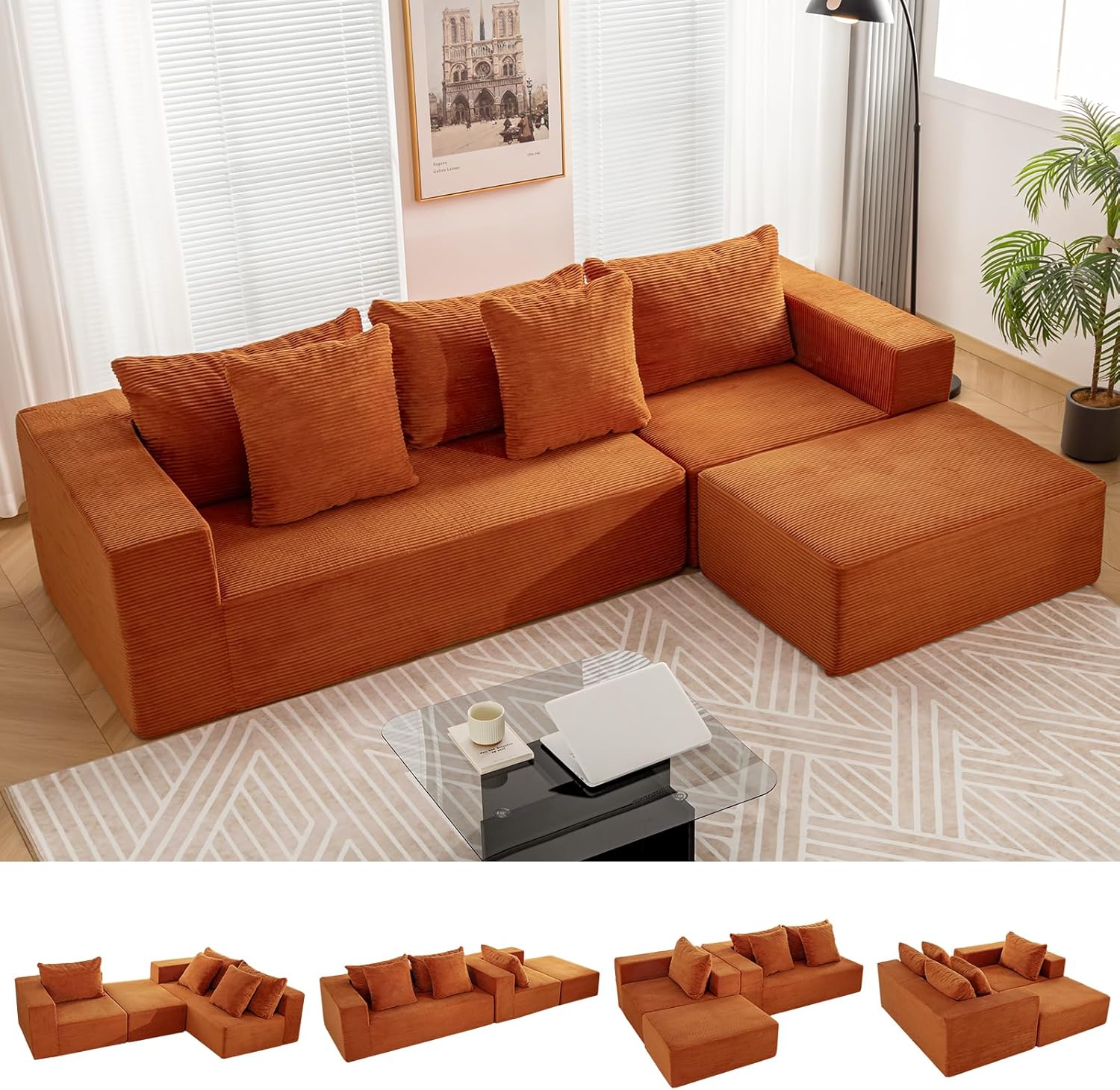 INGEROOM 108" Cloud Sectional Couch with L-Shape Chaise, Modular Sofa Memory Foam, Boneless Sofa with Movable Ottoman, Upholstered Couches for Living Room Bedroom, No Assembly Required, Orange Orange 3 Module
