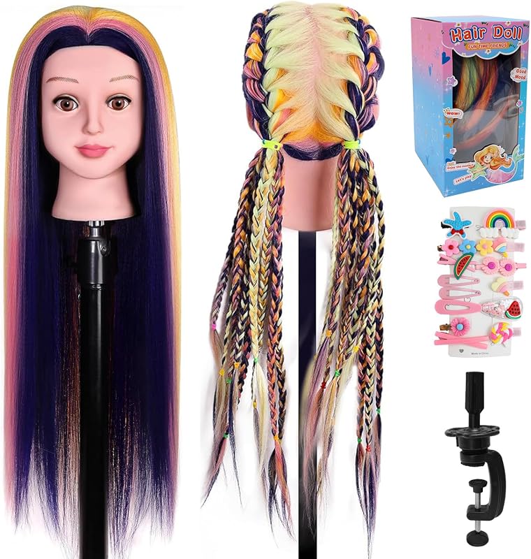 Cabeza de maniquí con pelo, cabeza de maniquí para niños de 29 pulgadas para practicar trenzado, entrenamiento de peluquería, cabeza de muñeca para peinar el cabello para niñas con abrazadera de mesa, pinzas para el cabello