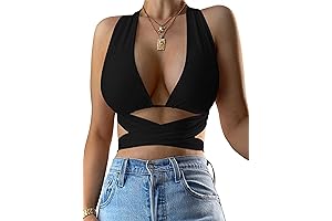Women's Sexy Halter Criss Cross Cami Lace Up Self-Tie Tank Crop Top