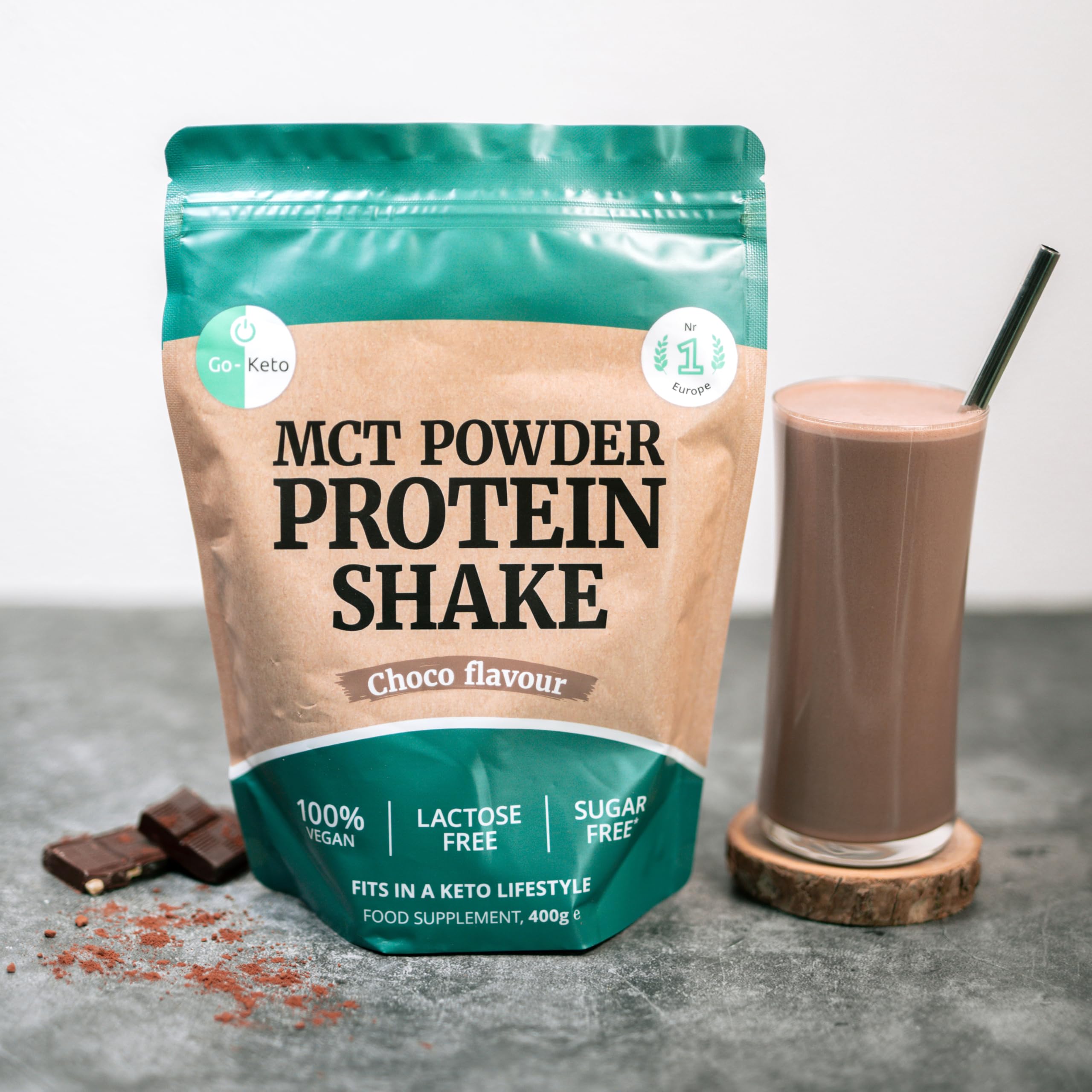 Go-Keto MCT Vegan Protein Shake Chocolate, 400g polvere | con MCT dall'olio di cocco per la tua dieta keto | proteine ​​vegane da proteine ​​di piselli e proteine ​​di riso