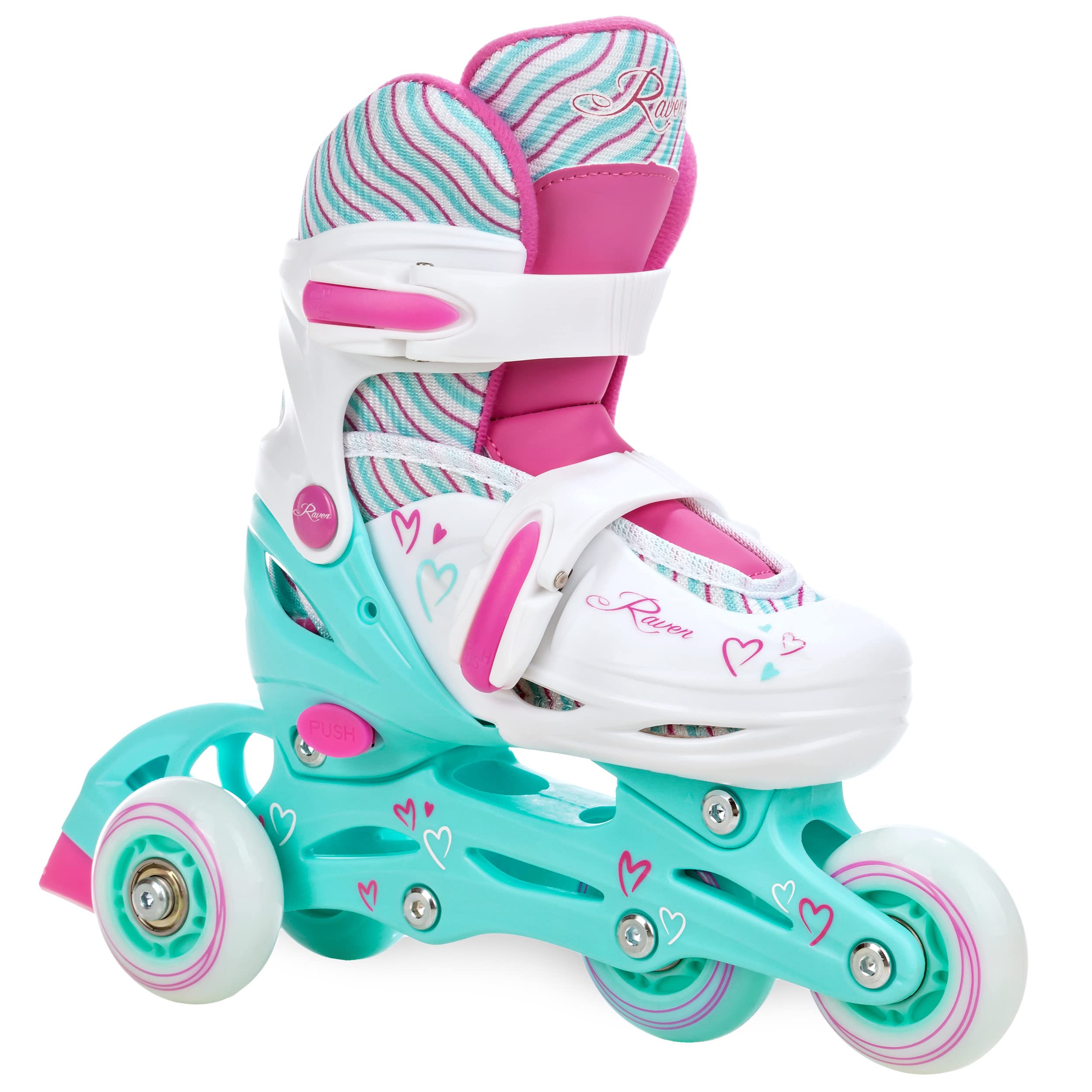 Raven - Roller en Ligne Loret Roues LED du 27 au 30 + Patin à Roulette + Patin à Glace + triskate Enfant Mixte Taille Ajustable Menthe/Rose Raven
