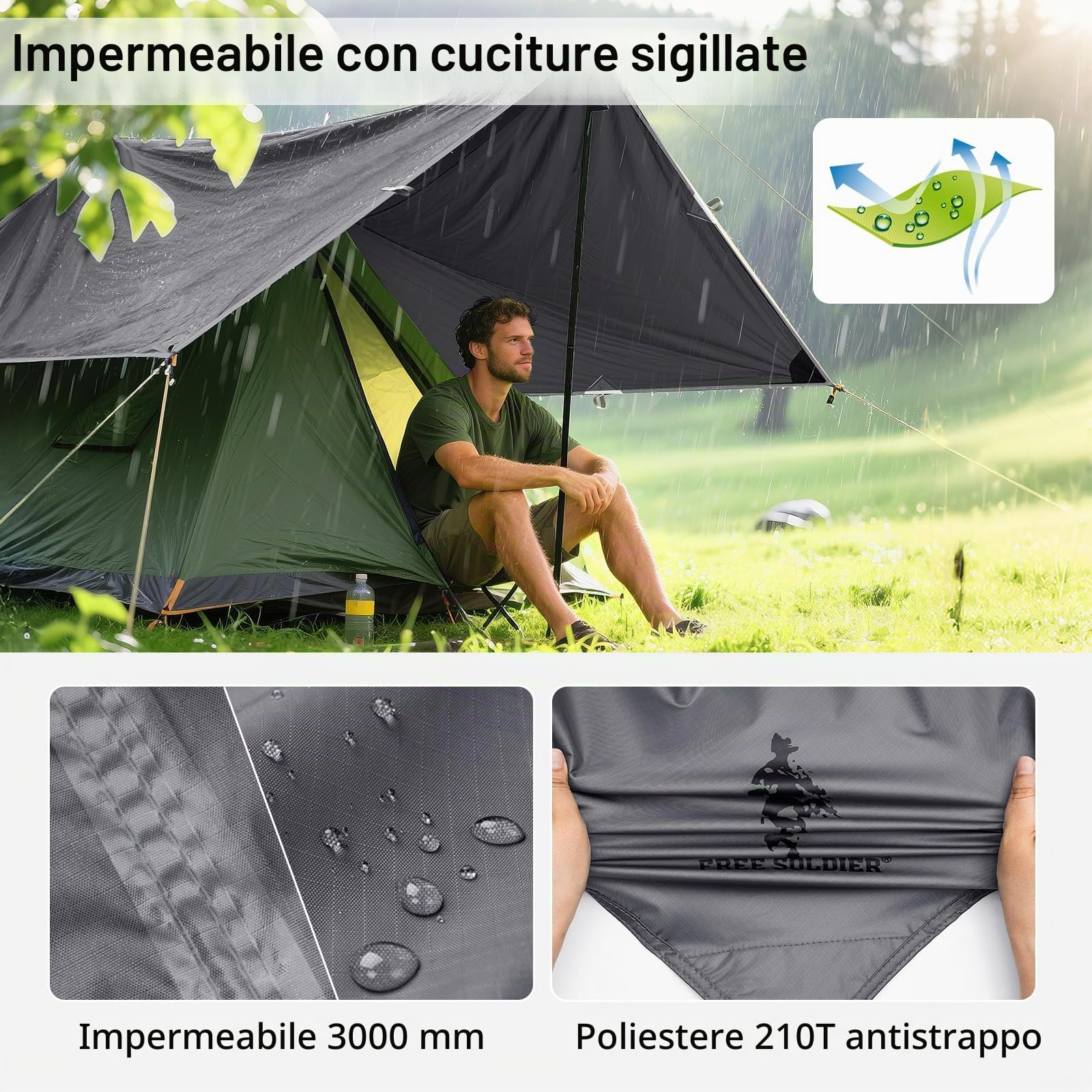 FREE SOLDIER Telo da campeggio impermeabile Tenda amaca grande Telo Telone portatile Tettoia anti-UV Riparo Blocco parasole Tendalino per campeggio Escursionismo Viaggiare(Grigio, Con chiodi)