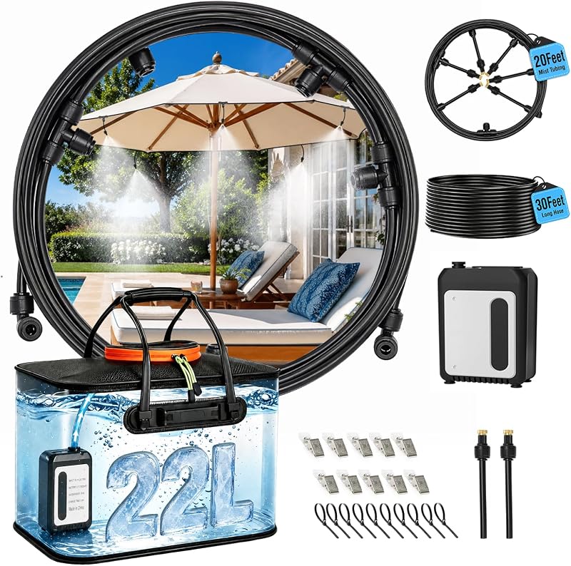 50FT Portable Misting System,Outdoor Water Cooling Mister with Pump | 5200mAh rechargeable; 5.8-foldable tank;3 mist modes; Patio Misters for Tailgating, Pasture, Camping, Canopy, Sport