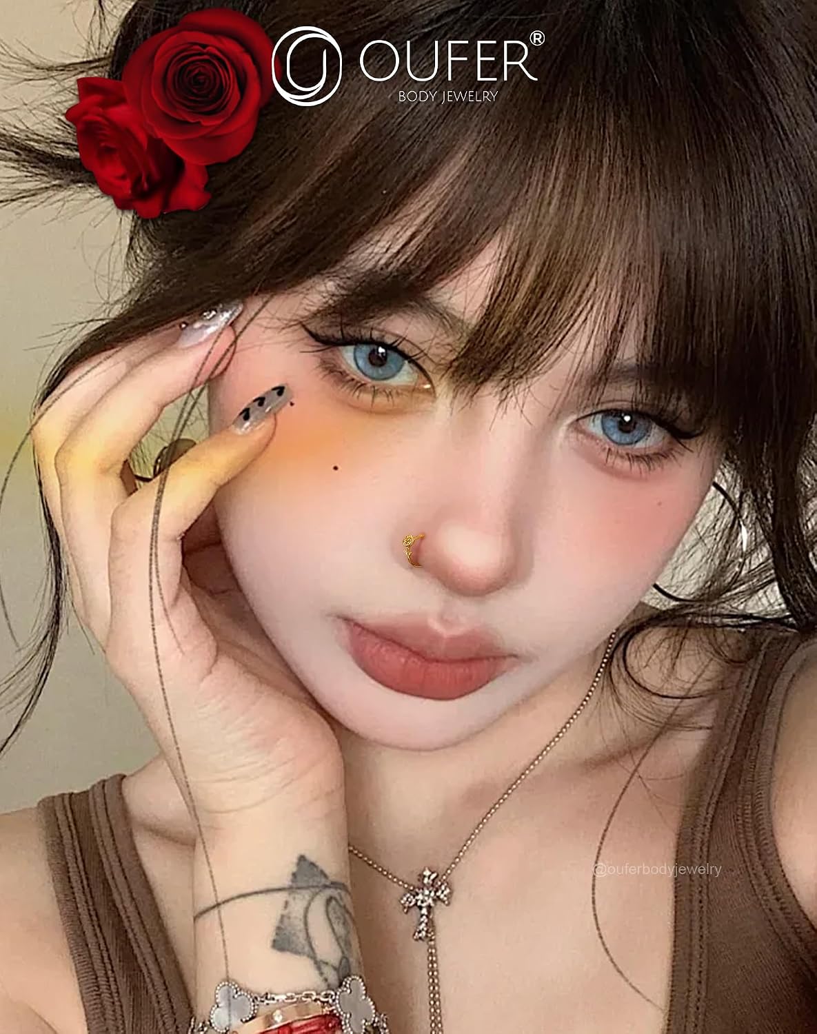 OUFER Nose Rings Flower Rose Seamless Open Nose Rings Hoops 20G, Stainless Steel Floral Nose Helix Daith Rook Tragus Piercing Jewelry for Women Men