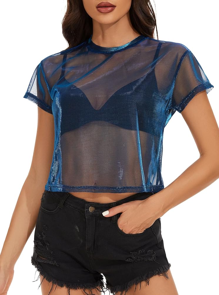 Mesh Tops for Women Short Sleeve Loose See Through Sheer