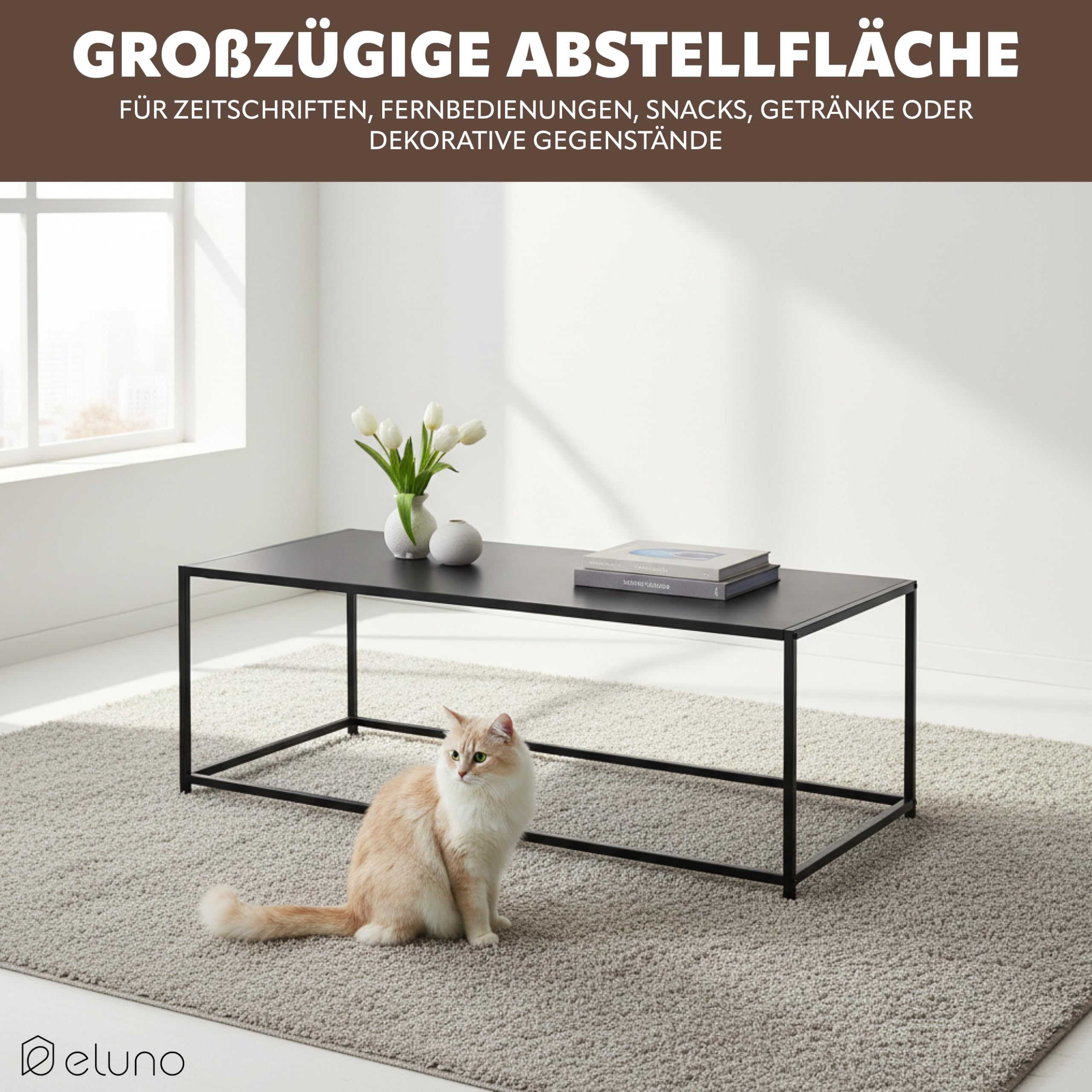 eluno Couchtisch, Wohnzimmertisch, Beistelltisch im modernen Industrie-Design - für viele Wohnbereiche geeignet, Pflegeleichte und Kratzfeste Oberfläche, aus schwarzem Metall 110 x 41 x 50 cm
