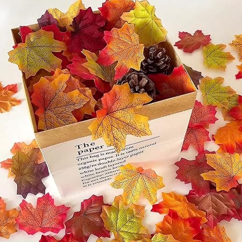 Miniatura 6 de Hojas de arce artificiales de otoño, 100 hojas de otoño artificiales de color naranja, decoración de hojas de arce artificiales para otoño, hogar,