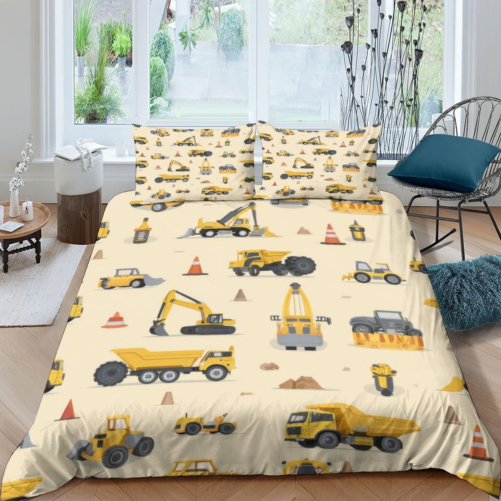 GPLZQXKJNH 3D Printed Construction Vehicles Duvet Cover Microfiber Soft Breathable Excavator Bedding Set with 2 Pillowcases for Bedroom Decor Single（135x200cm）