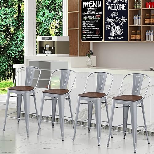 Tongli Taburete de altura de mostrador con respaldos, taburetes de barra de metal, juego de 4 sillas de cocina de comedor, respaldo alto, sillas de