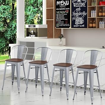 Tongli Counter Height Stool with Backs Counter Stools Metal Bar Stools Set of 4 Dining Kitchen Chairs High Back 24 Inches Bar Chairs Stools Silver
