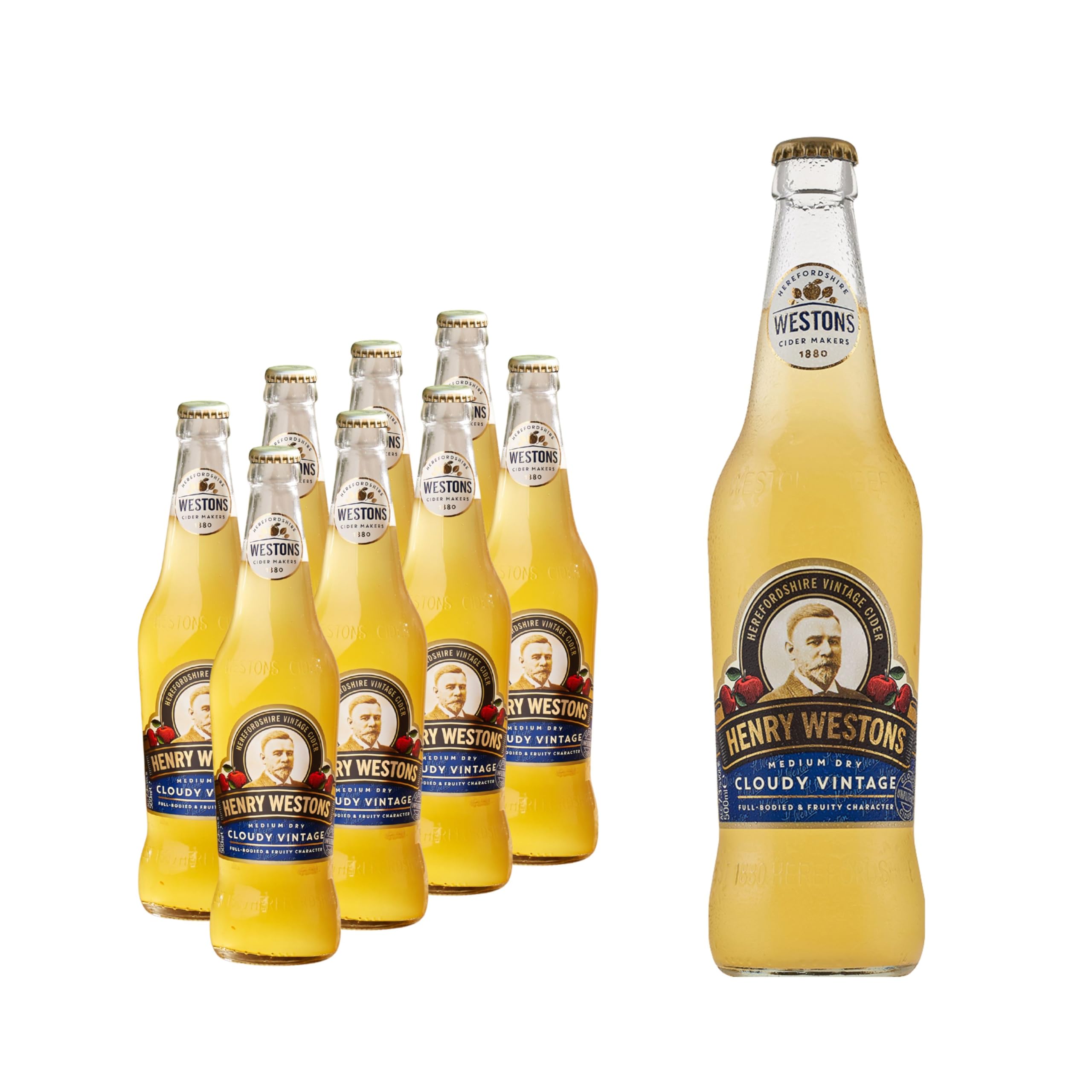 Henry Westons Cloudy Vintage Cider 8 x 500 ml Glass Bottles, 7.3% ABV – Multipack | Medium Dry Taste with a Rich & Fruity Aroma | Slowly Matured & Left Unfiltered