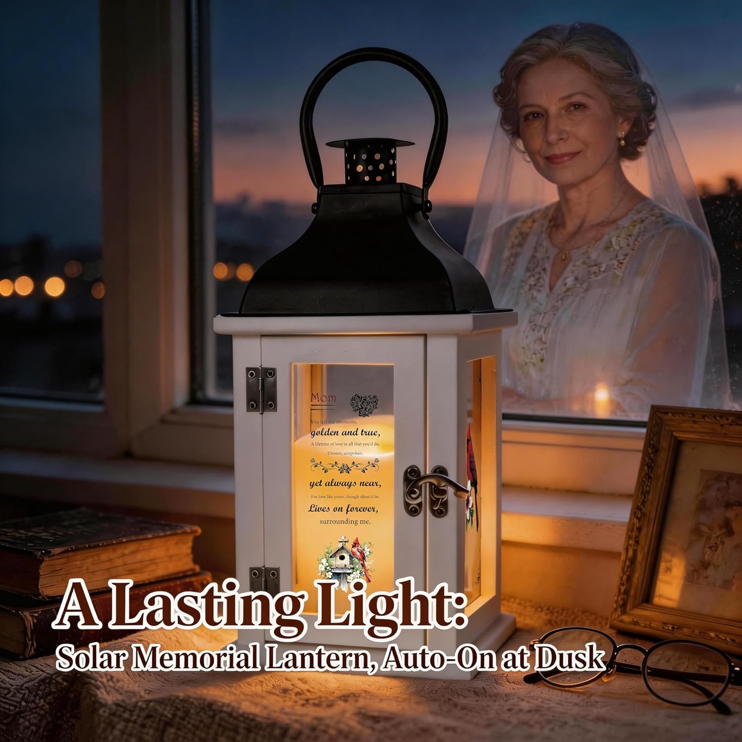 Memorial Lantern for Mom with Cardinal & Floral Design – Sympathy Gift for Loss of Mother, Bereavement Keepsake with Solar Candle