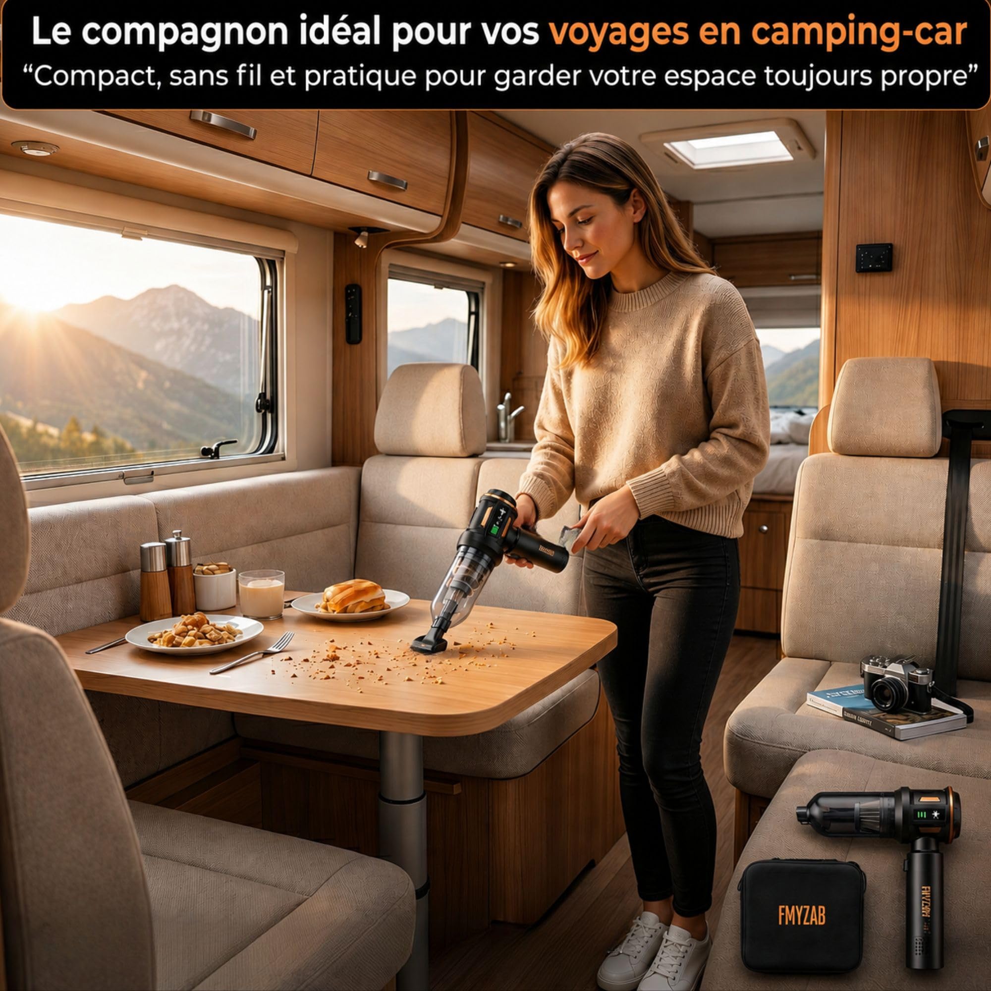 Aspirateur à Main sans Fil 20000 PA - Aspirateur de Table & Voiture Puissant 4-en-1, Mini Aspirateur 3 Vitesses pour Maison, Bureau, PC, Camping-Car - Ultra Puissant & Léger - Kit Complet