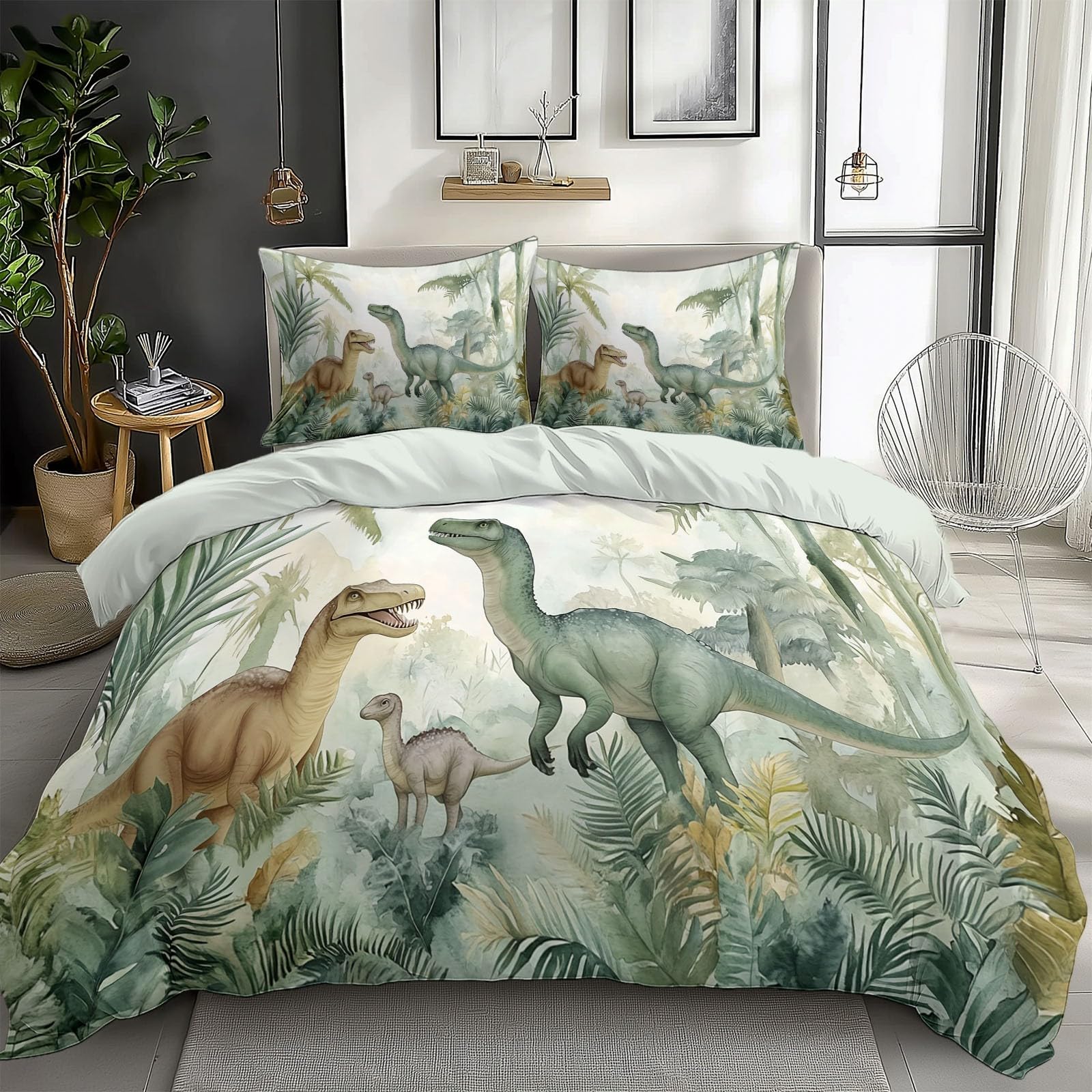 Parure de lit enfant 140x200 vert dinosaures housse de couette en polycoton jungle
