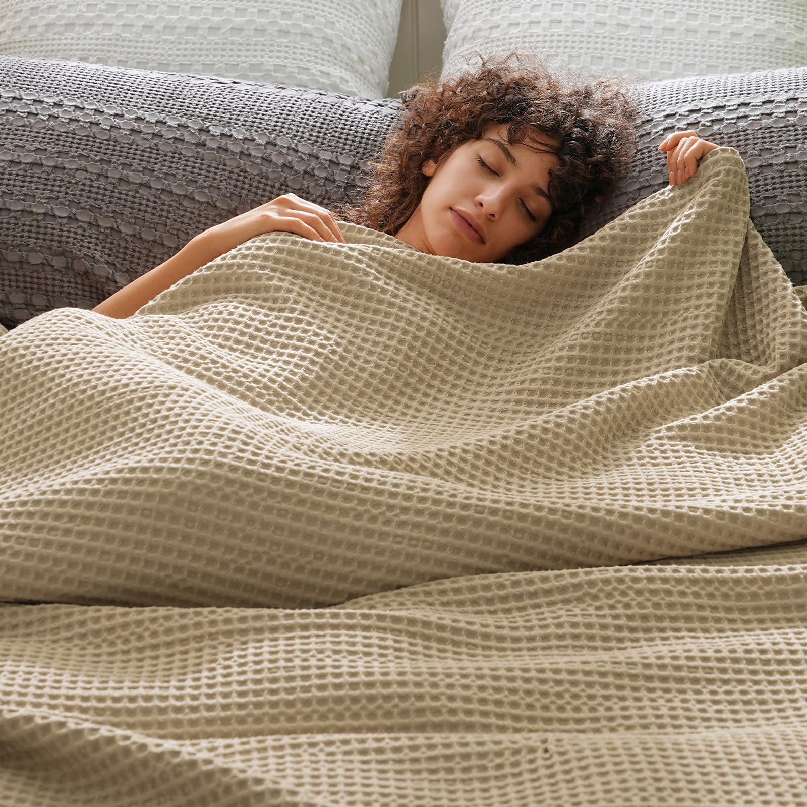phf ultra soft waffle weave blanket king size 104"x 90"- washed lightweight breathable cozy woven blanket for bed - aesthetic decor for couch bedding sofa home car - khaki
