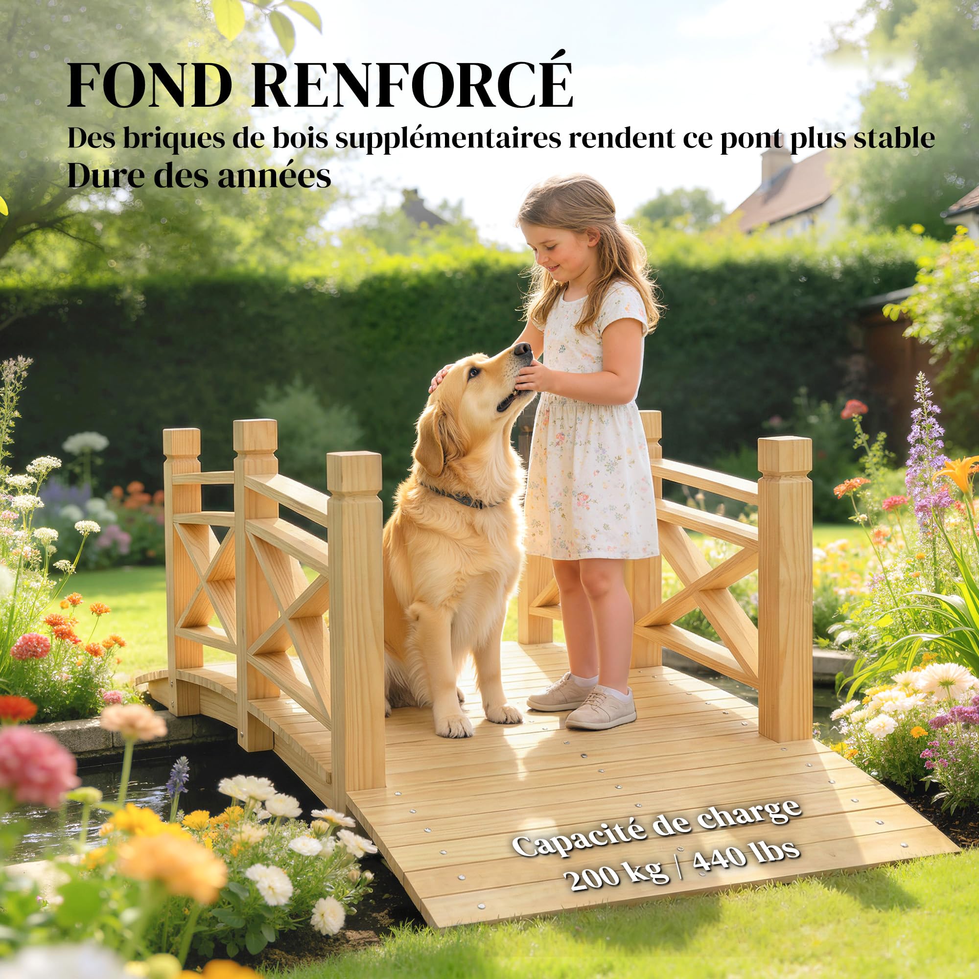 Outsunny Pont de Jardin en Bois Carbonisé Arqué 1,74m - Passerelle avec Main Courante Sécurisée et Charge 200kg - Décoration Extérieure Traitée et Résistante, Naturel