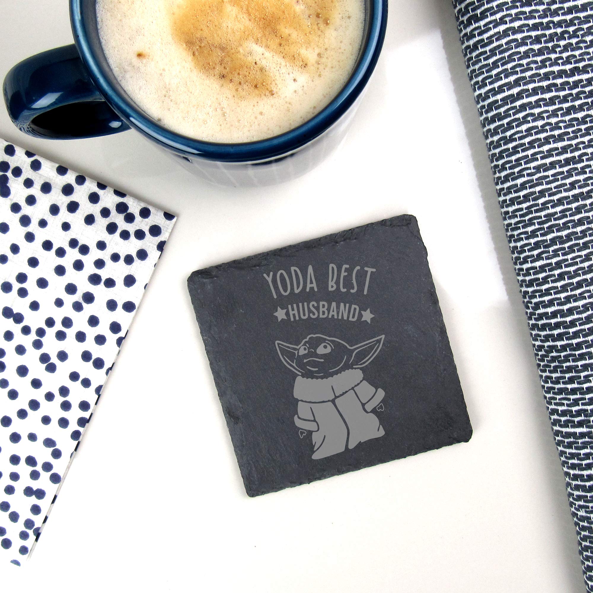 eBuyGB Personalised Square Slate Coaster, Engraved Baby Yoda Coaster, Star Wars Themed Drinks Mat, Funny Gifts for Partner (Yoda Best Husband)