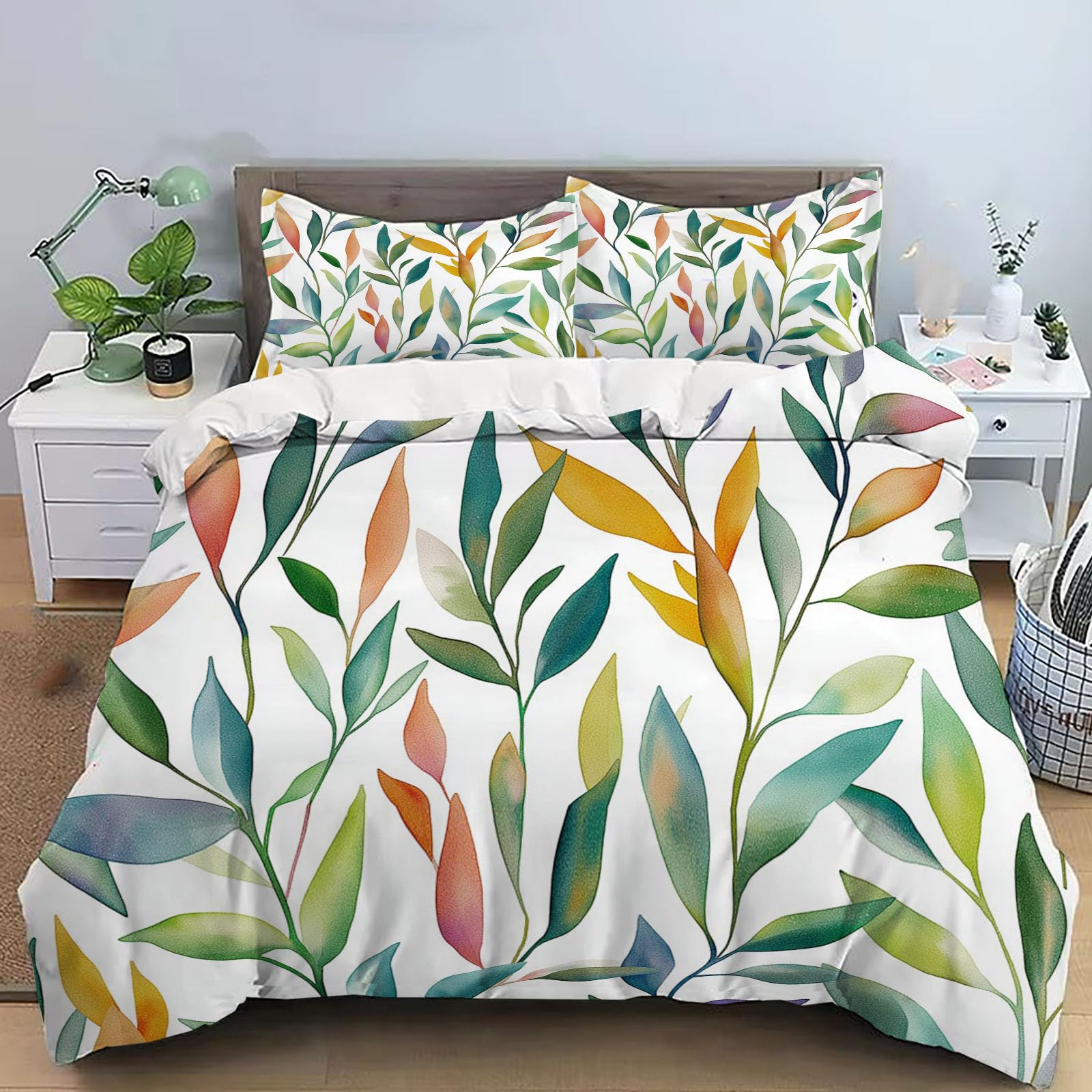 Housse de couette microfibre 140x200 blanche motif végétal avec taies d'oreiller 65x65