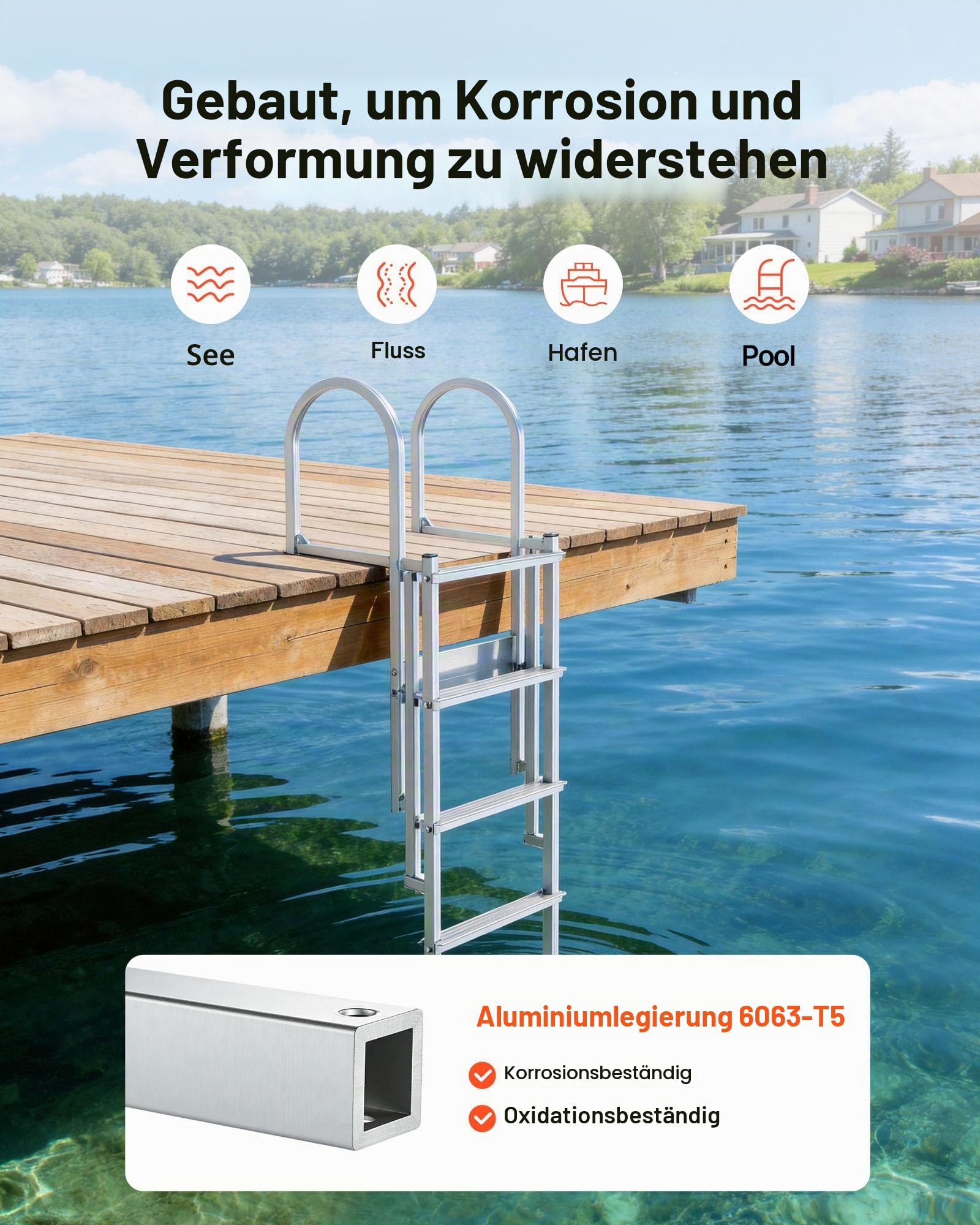 VEVOR Dockleiter Einziehbar, Bootsleiter mit 5 Rutschfesten Stufen Breite Pedale & Handlauf, 227 kg Belastbare Poolleiter für Einstieg, Teleskopleiter aus Aluminiumlegierung für Docks Pools Seen Boote