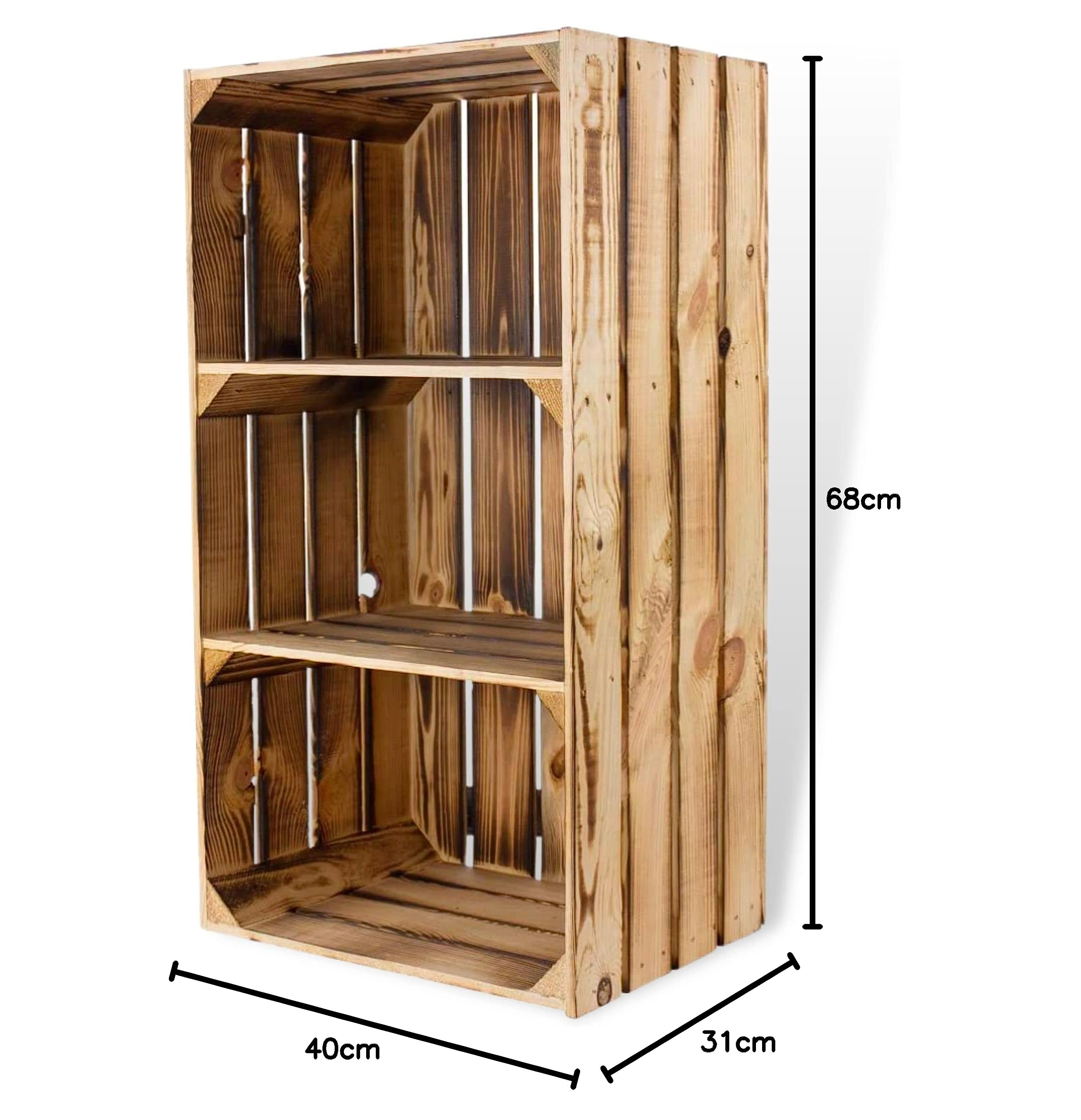 Geflammter Hochschrank mit 2 Böden 68x40x31cm Obstkisten Style Weinkisten in flambierter Optik