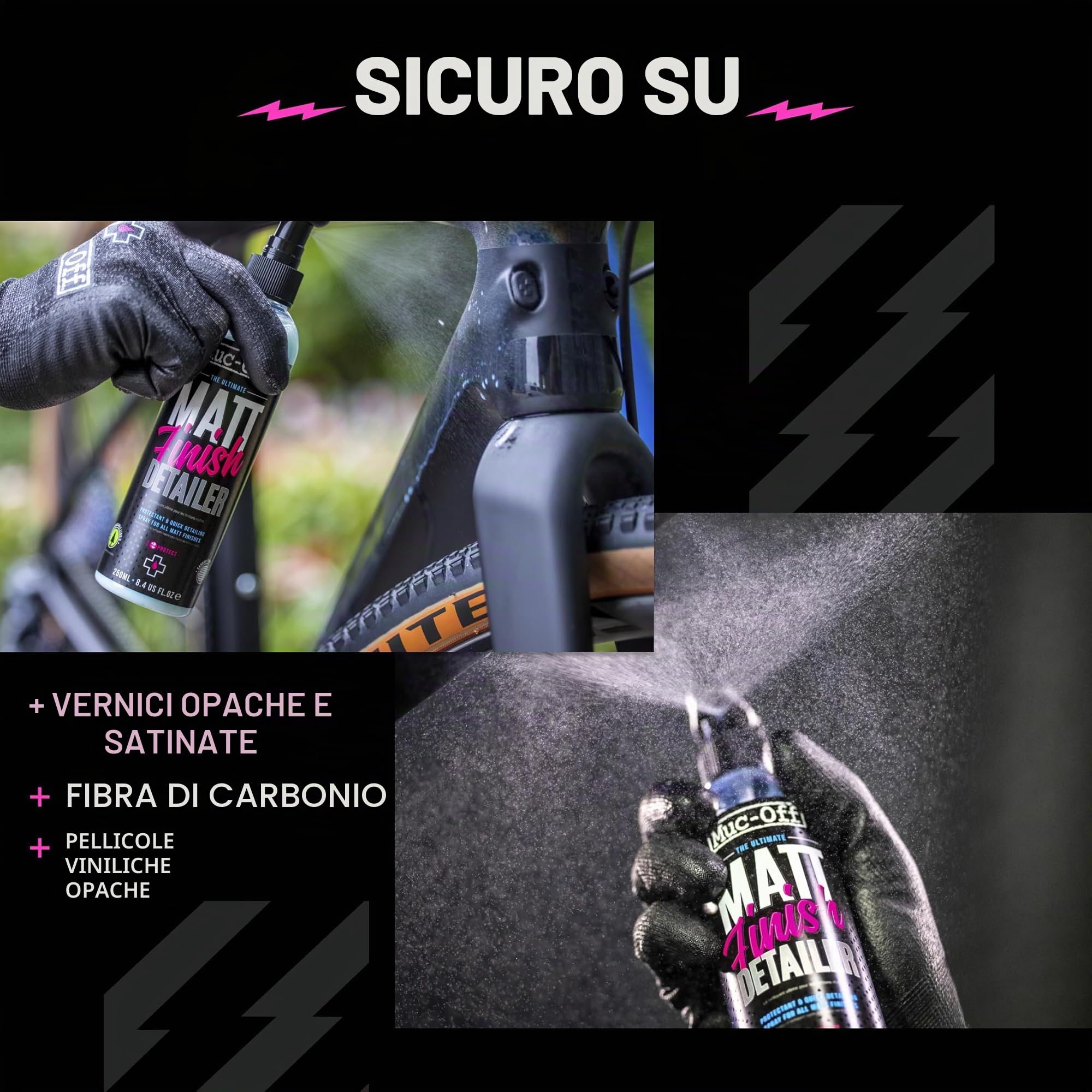 Muc-Off Matt Finish Detailer, 250 ml- Spray Detergente per Bici Satinate e Protettore per Pellicole Opache di Alta Qualità - Per Bici e Moto
