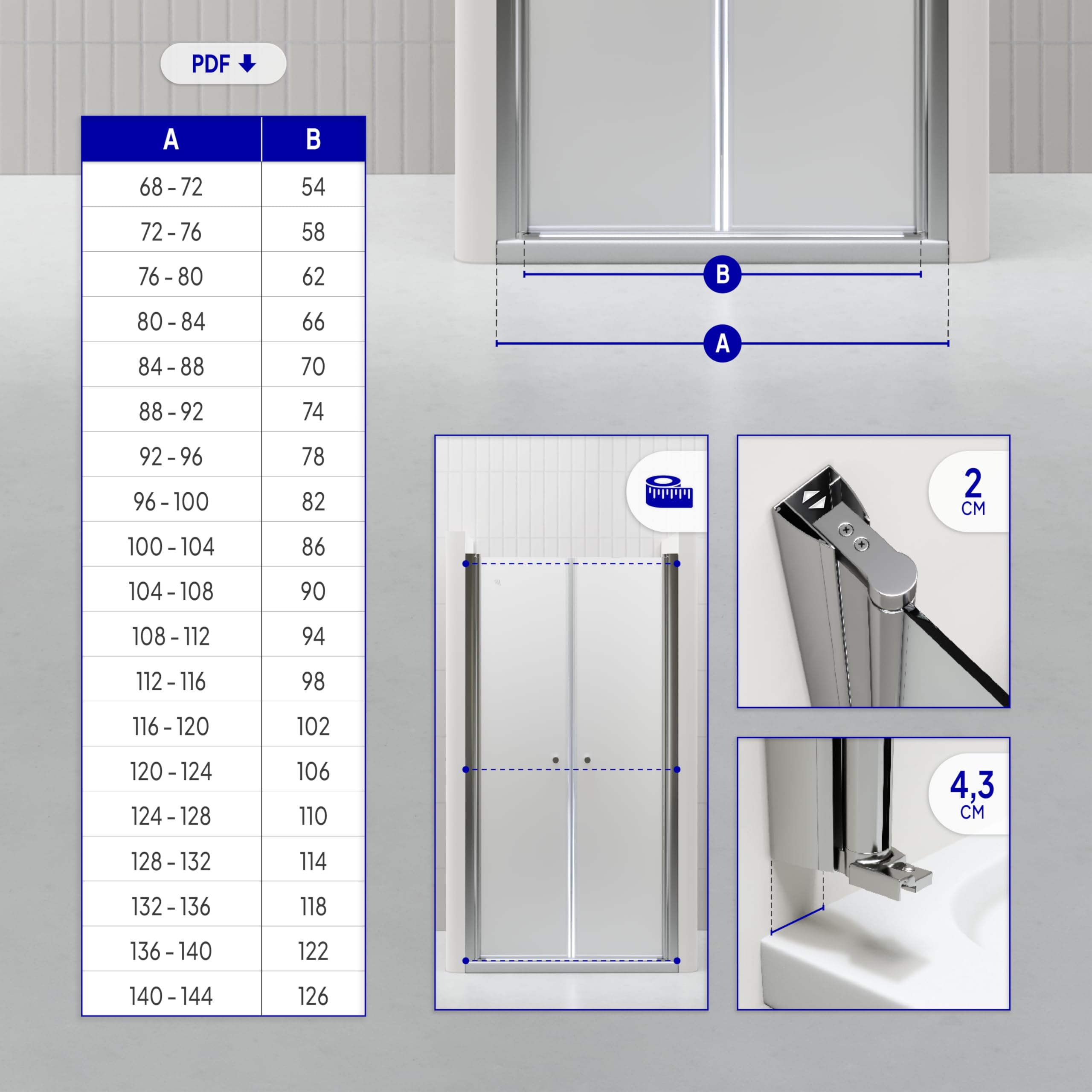 Mampara de ducha Lima, regulable de 68-72 cm, altura 195 cm, puerta doble abatible, cristal de seguridad templado ESG 6MM satinado, perfiles cromados #DTF