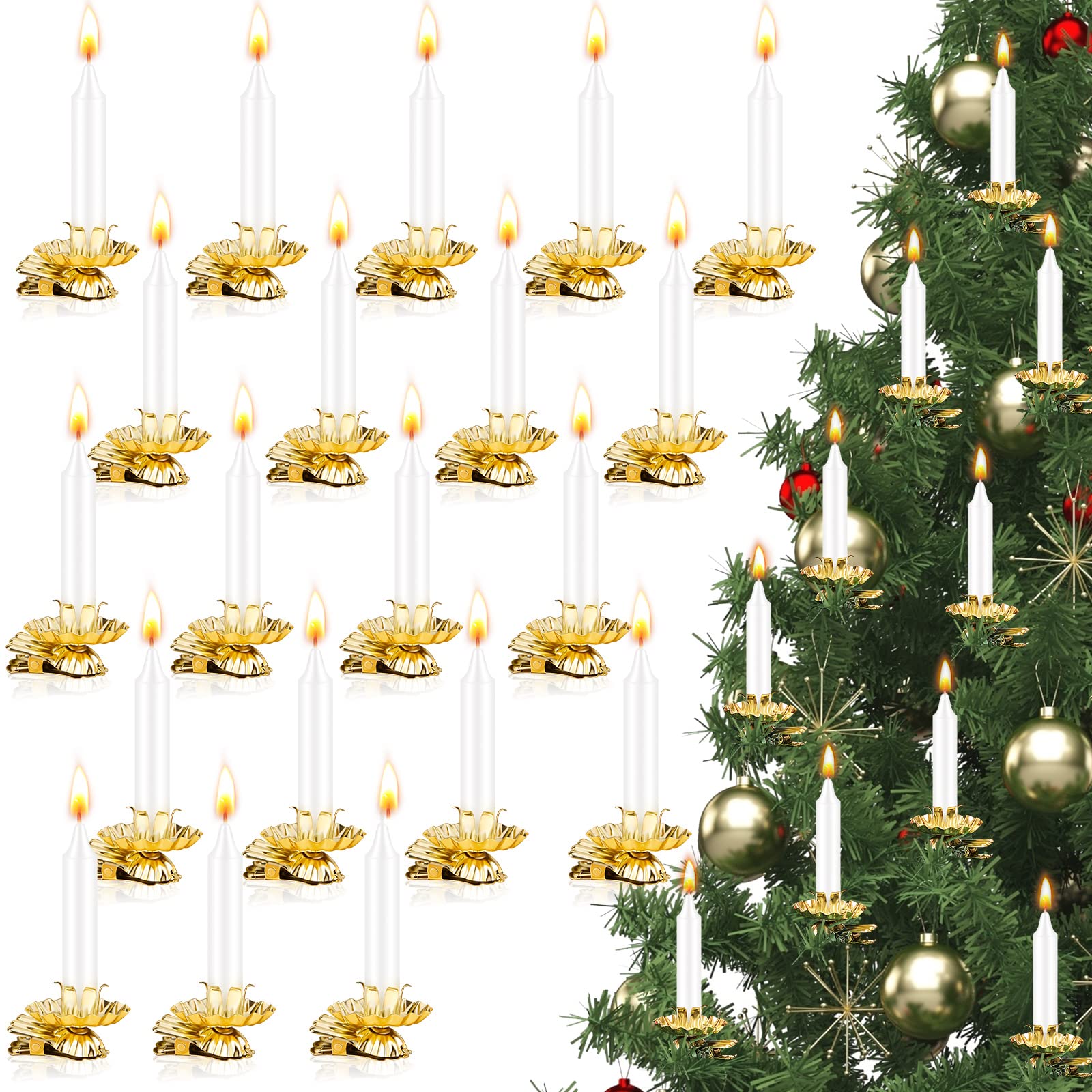 40 Pcs Christmas Metal Candle Holder with Clip Set 20 Flower Shape Candle Holders with Clip for Christmas Tree and 20 Candles, Not LED(Gold White)