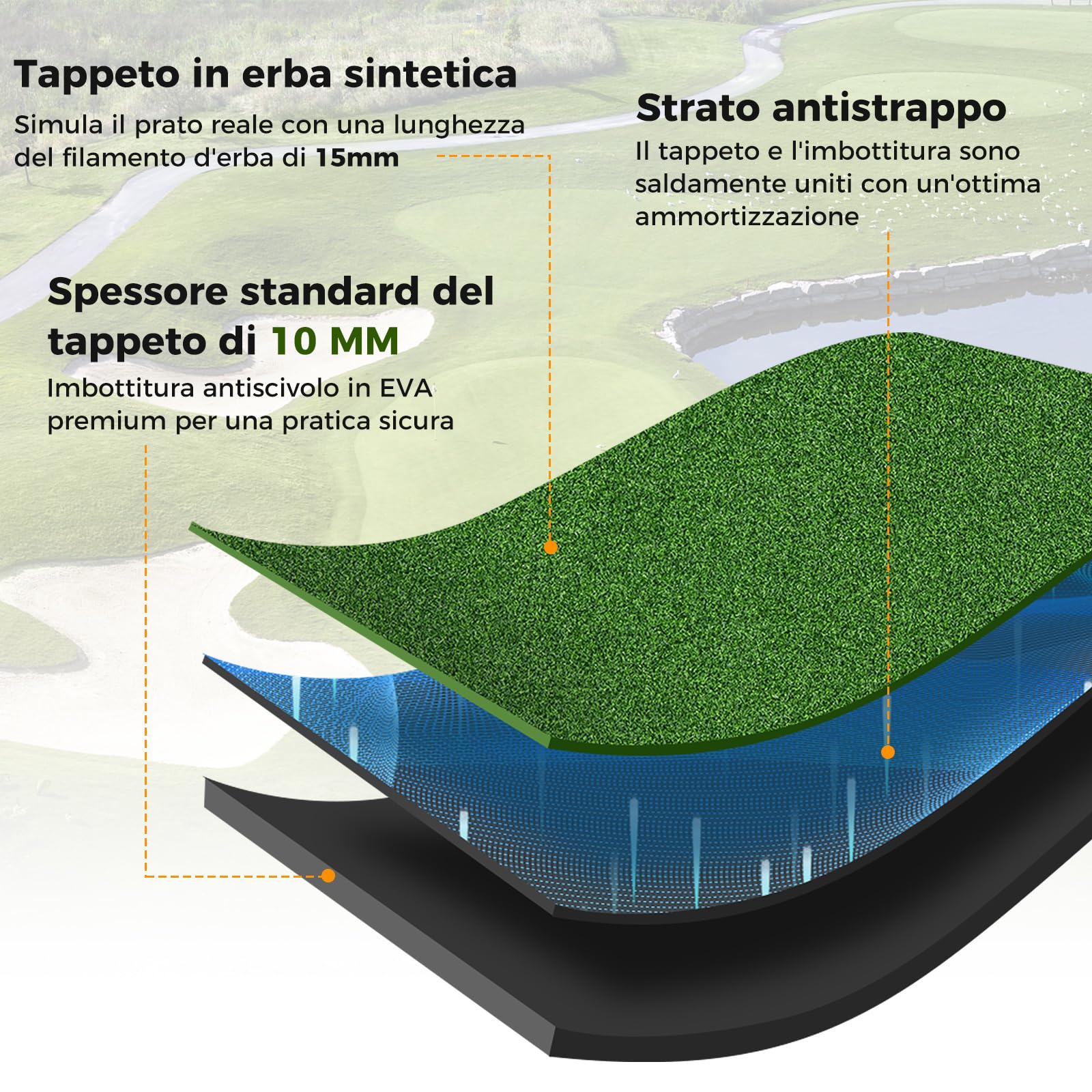 COSTWAY Tappetino da Allenamento Golf, Tappetino da Allenamento 3-in-1 con Erba Sintetica, 2 Punte da Golf, 2 Astine di Allineamento, Fori Preforati per le Punte, per Uomini e Donne