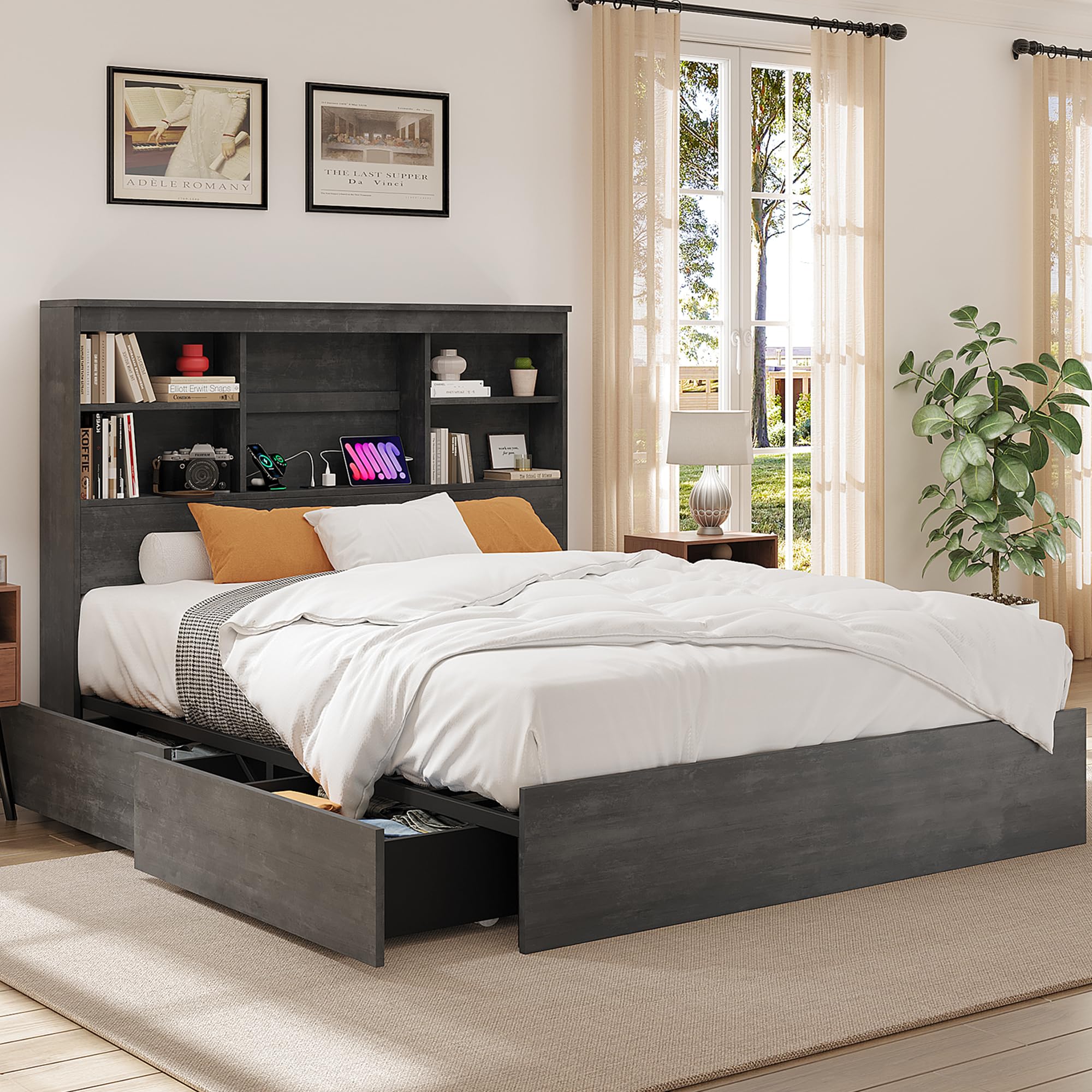 Photo 1 of ** BROWN**
GarveeHome Full Size Bed Frame with High Storage Bookcase Headboard, Wood Bed Frame with 4 Storage Drawers, Built in Charging Station, No Box Spring Needed, Metal Frame, Noise-Free, Vintage Brown