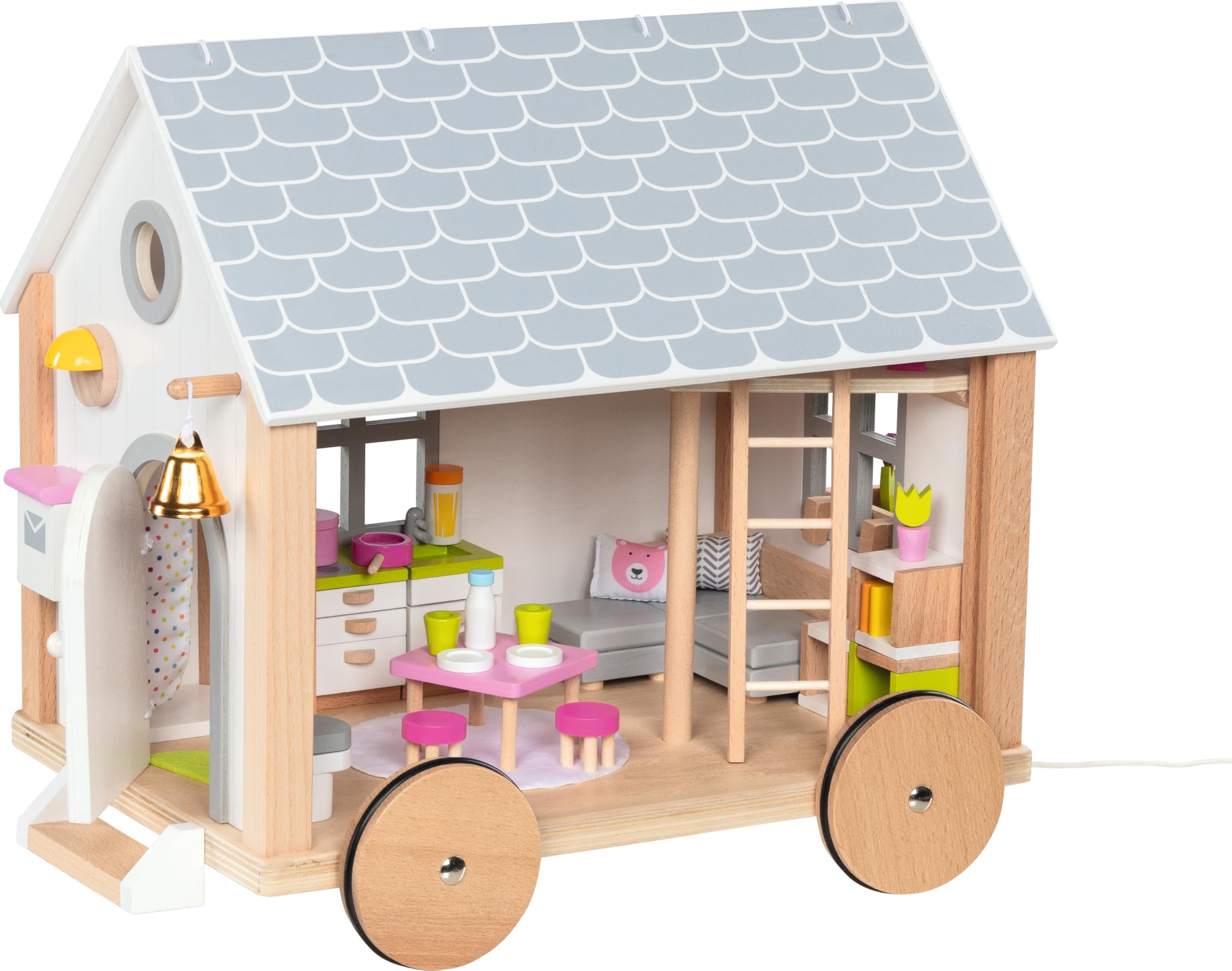 goki 51477 - Tiny House Hygge aus Holz und Textil für Mini-Puppen, Mobiles Puppenhaus im skandinavischen Stil, 38cm x 27cm x 33cm, 40er Set, ab 3 Jahre