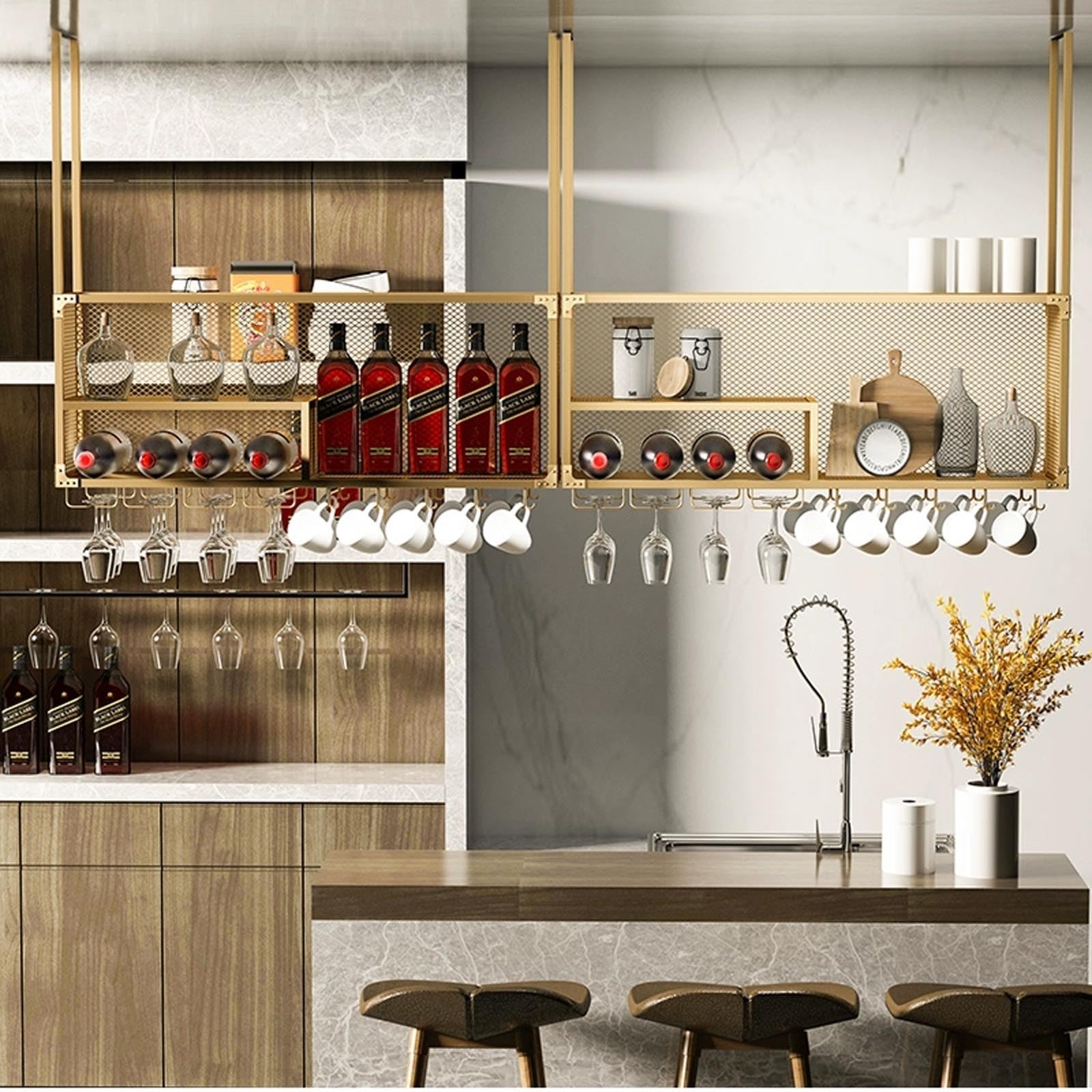 Botellero Colgante de Metal: Moderno Estante Flotante para Botellas y Copas de Vino, Ideal para exhibir en la Pared, Ideal para el hogar, Bares y cafeterías.