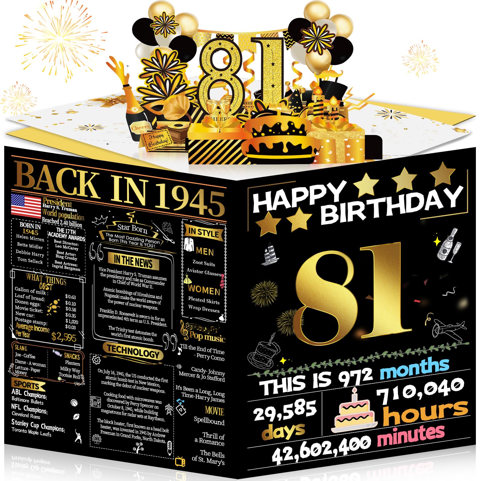 Joycard 81st Birthday Card for Women Men, 3D Pop Up Happy Birthday Gift for Grandpa Grandma, Funny 81 Year Old Birthday Decorations for Mother Dad, Back in 1945 Laser Gold Retro Theme