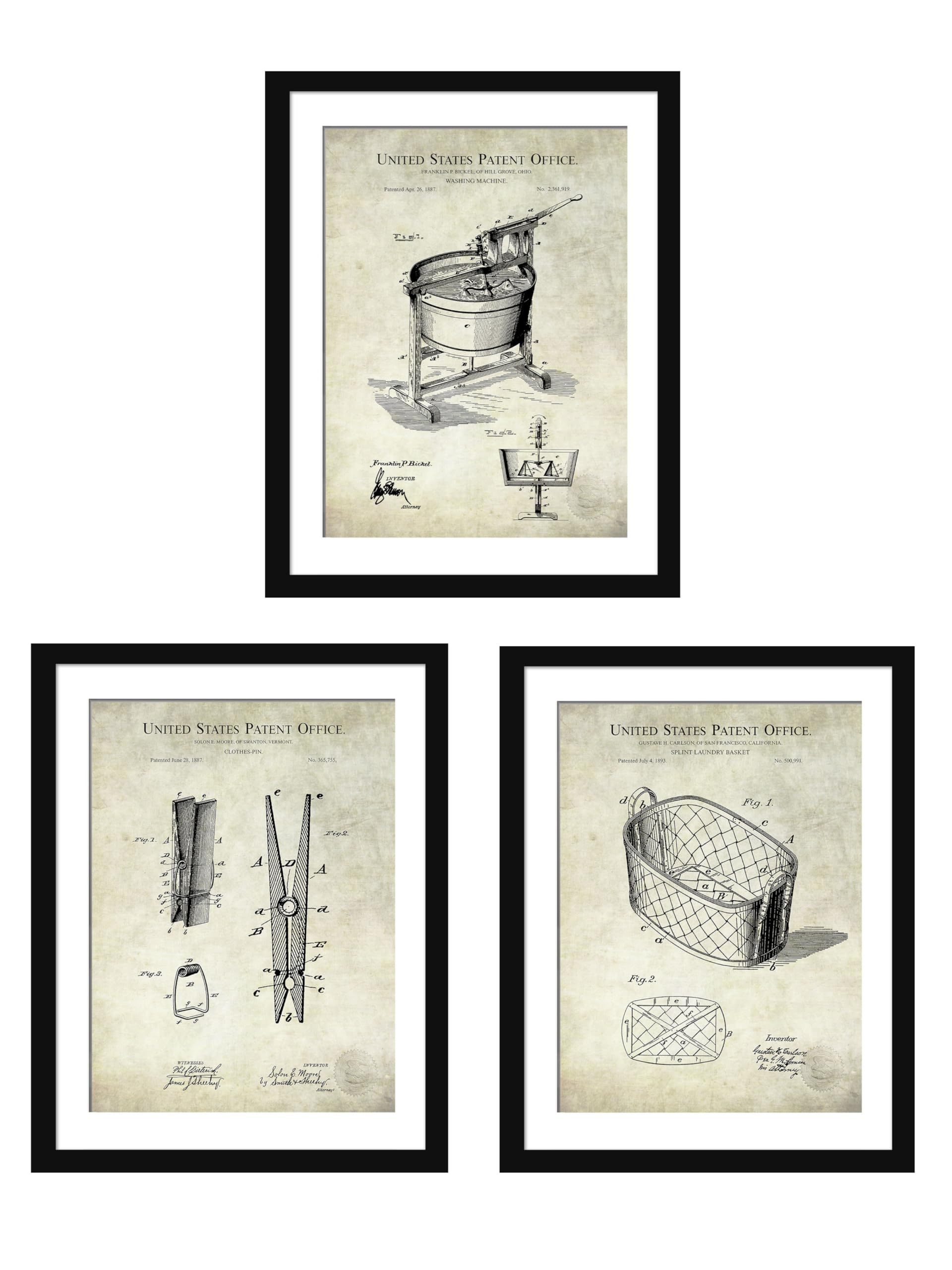 Vintage Laundry Room Patent Collection | Clothes Pin, Washing Machine, and Laundry Basket Patent Prints | Antique Background | Prints and Framed
