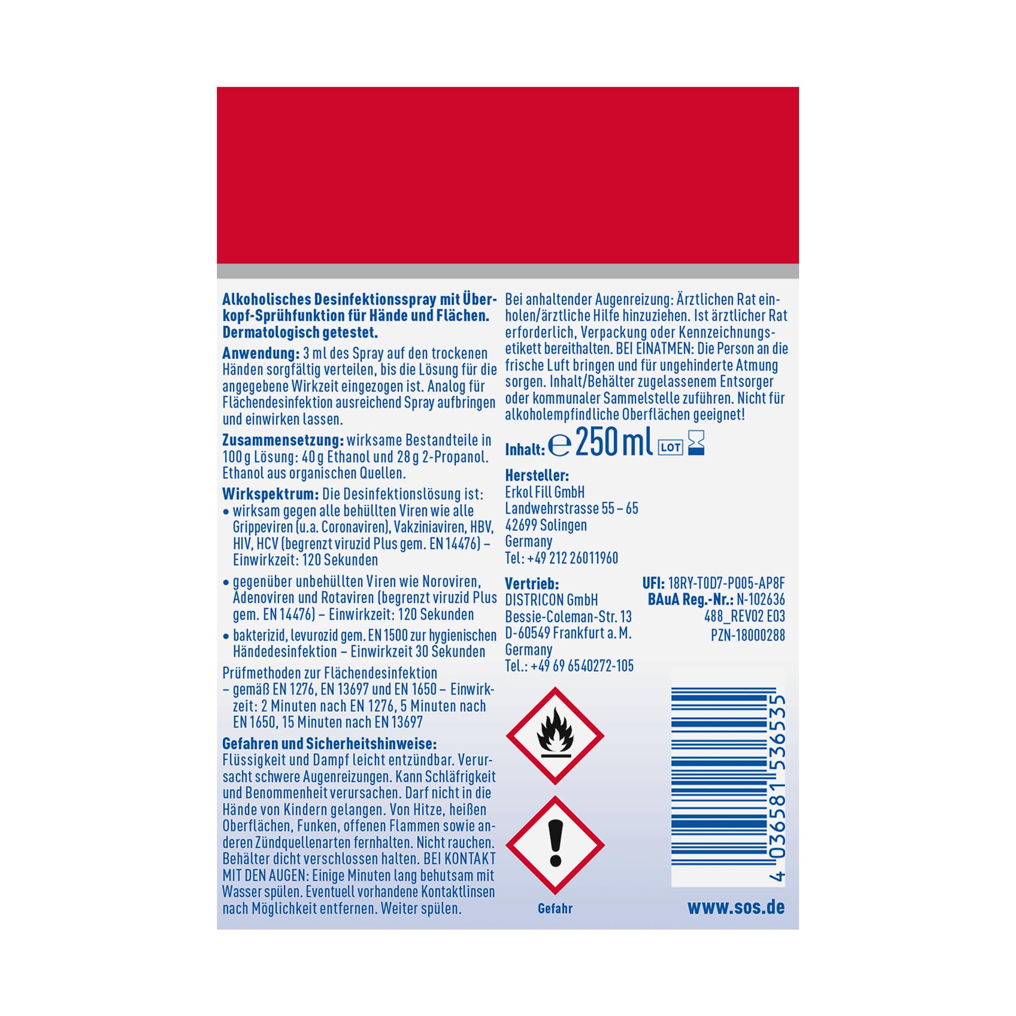 SOS Desinfektionsspray INTENSE für Hände + Flächen | beseitigen 99,99% der Bakterien, Pilze, Viren* (zB Herpes- Grippe- und Noroviren) | erweitertes Wirkspektrum**| 9 x 250ml
