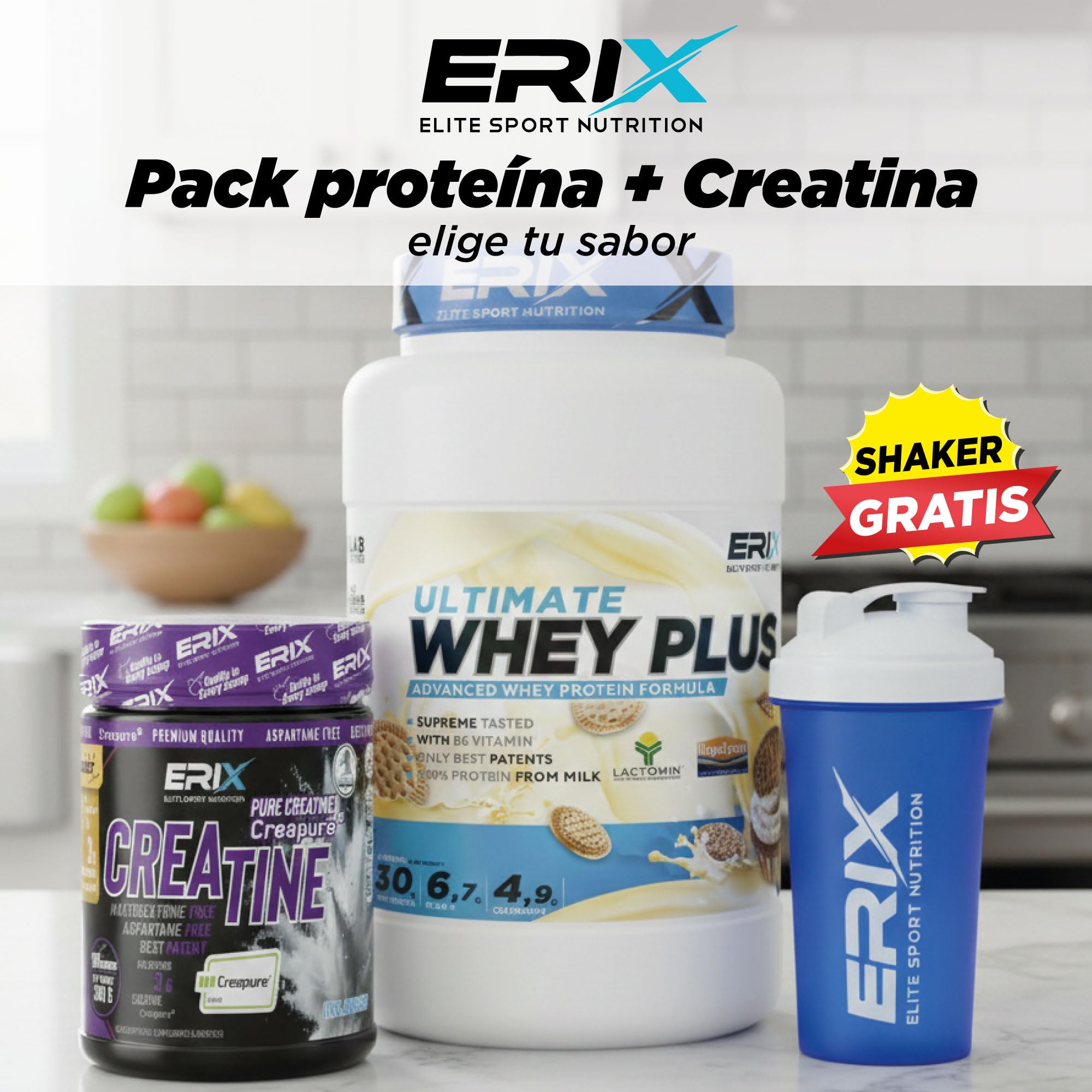 ERIX Nutrición Pack Musculación Whey Ultimate Plus 2Kg+ Creatina Creapure Neutra 300g+ Shaker, Proteína Suero de Leche para Rendimiento Deportivo y Volumen Muscular (Bombón hazelnut)