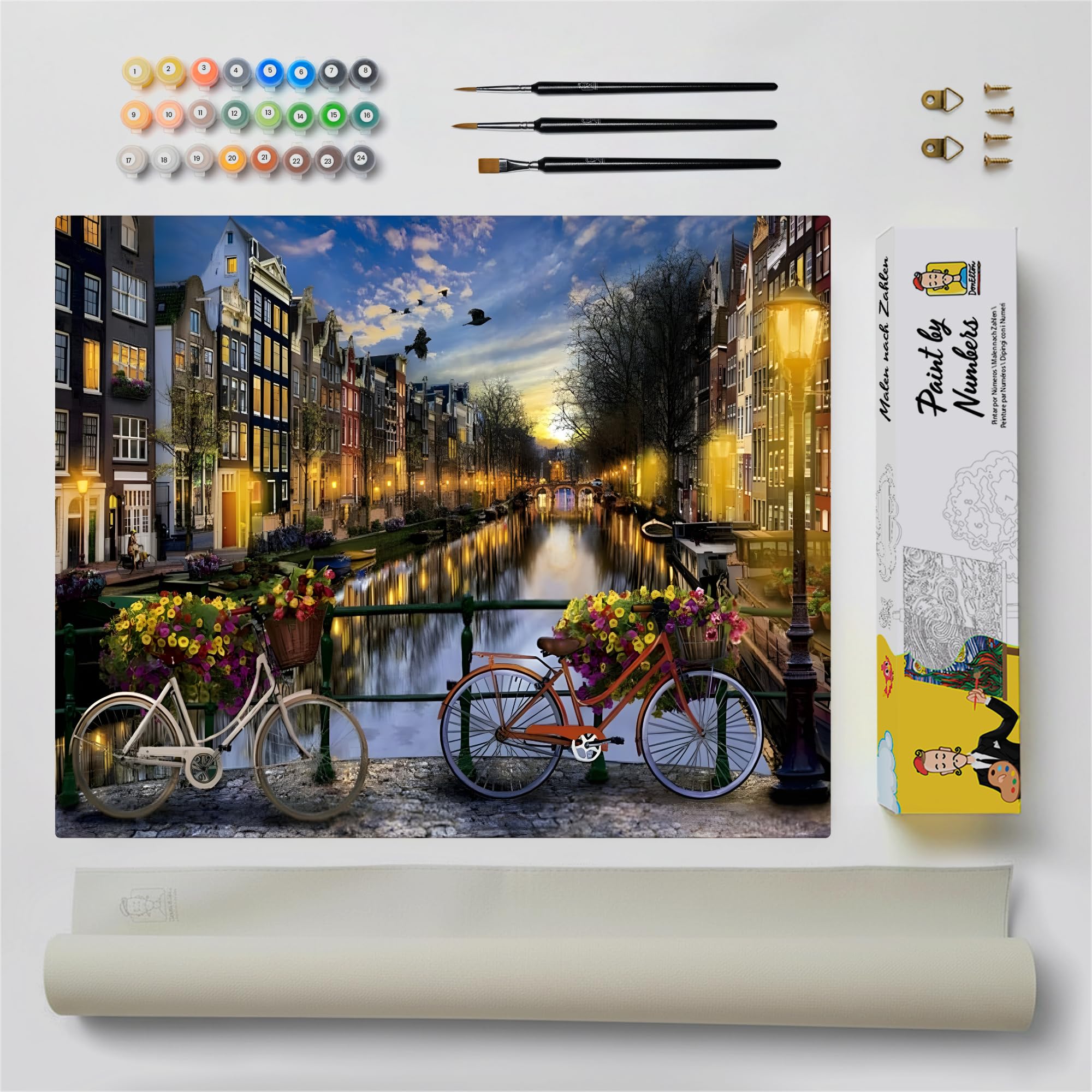 DonElton Malen nach Zahlen für Erwachsene, Städte – 40 x 50 cm, Malsets mit Pinseln, Acrylfarben und Leinen-Leinwand, rahmenlos – kreatives Geschenk (Amsterdam)