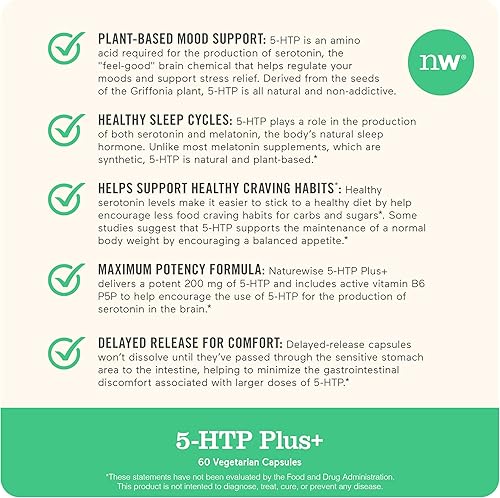Miniatura 5 de 5-HTP Plus+ 200 mg NatureWise, acción gradual avanzada, ayuda al control del apetito y la pérdida de peso natural, mejora del estado de ánimo, ayuda