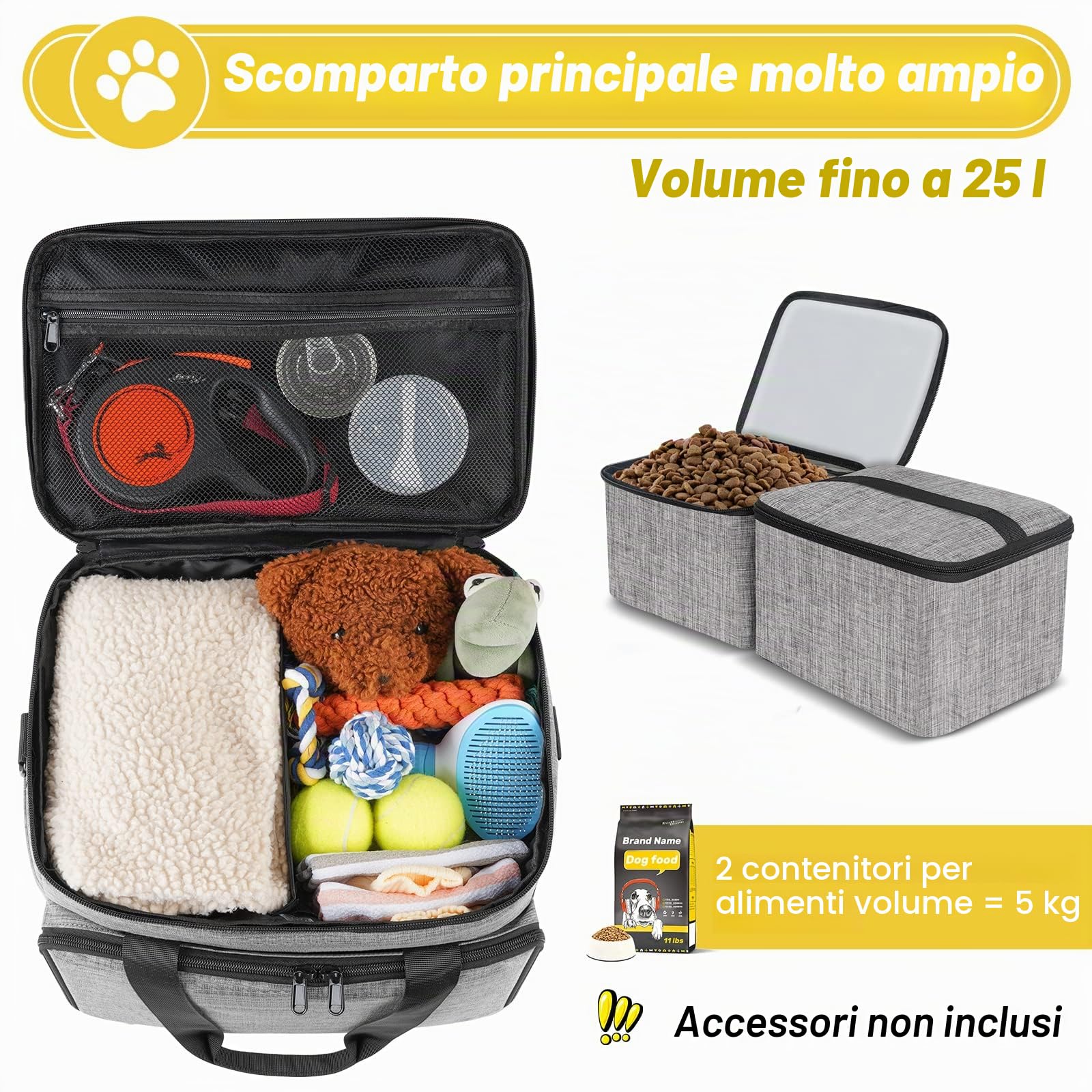 Set di 6 borse da viaggio per cani, kit da viaggio per animali domestici di grandi dimensioni include 2 contenitori per alimenti, 1 organizer da viaggio per cani, 2 ciotole pieghevoli, 1