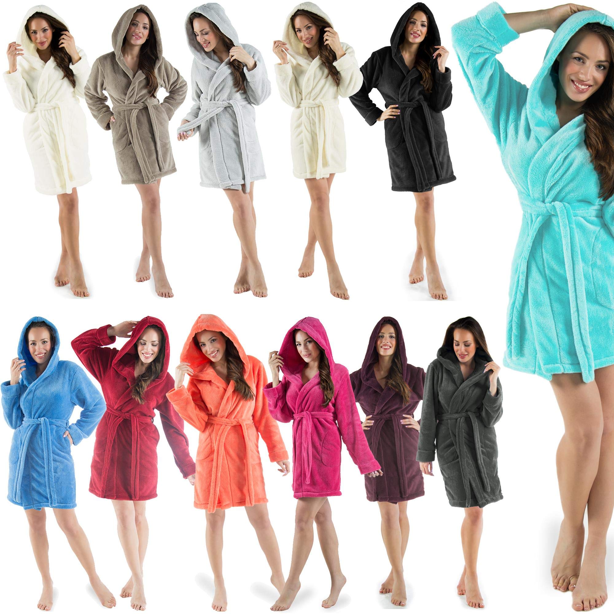 CelinaTex XS-XXXL Bademantel Kapuze zweifarbig kurz seitliche Eingrifftaschen Damen Sherpa Kuschelfleece Morgenmantel, Sauna, Spa, Pool, Bad, flauschig und komfortabel - OEKO-TEX Kos