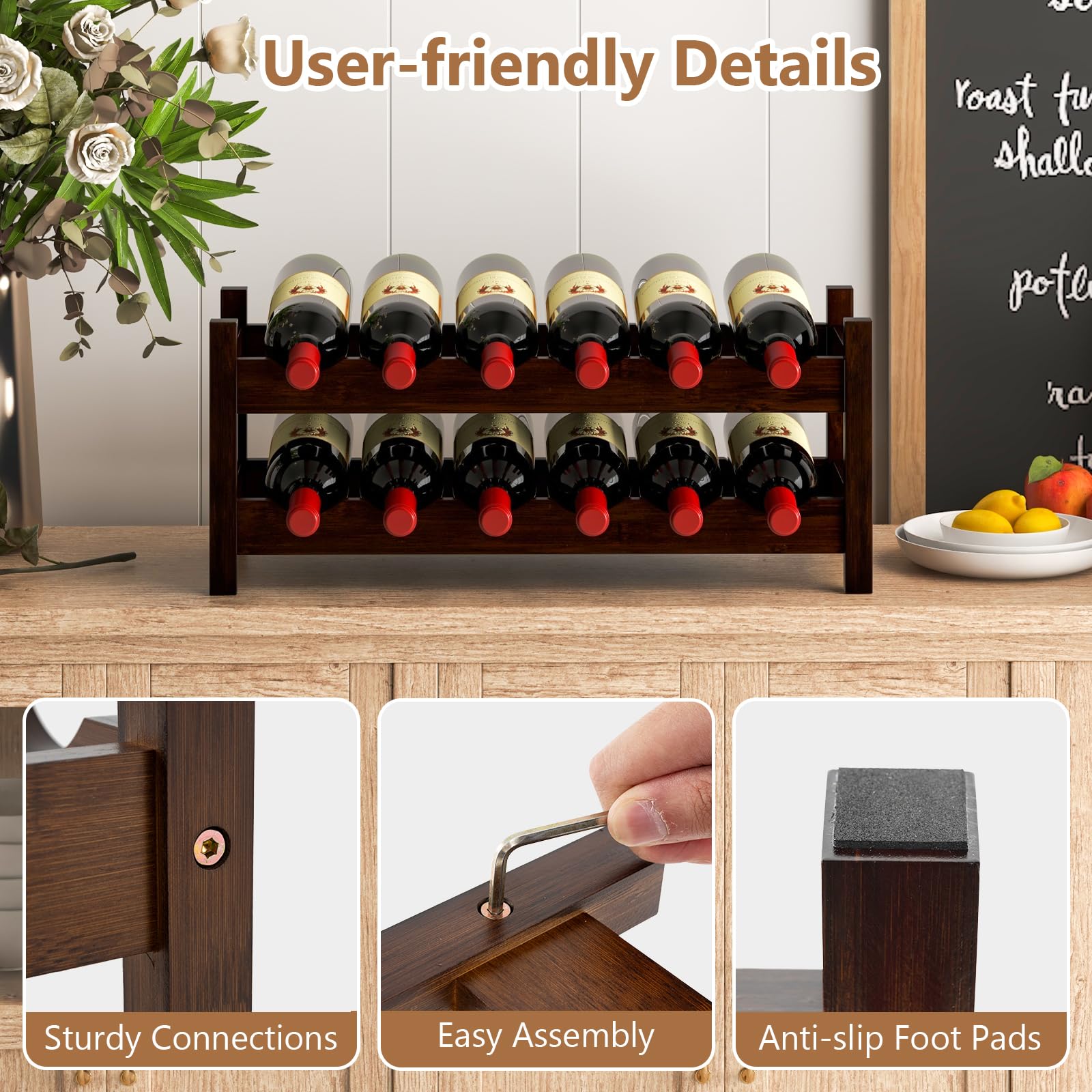 KOMFOTTEU Botellero de Bambú para hasta 12 Botellas, Estantería de Vino de Mesa con 2 Niveles, Sostenedor de Botella para Encimera, Despensa, Cocina, 62 x 24 x 25 cm