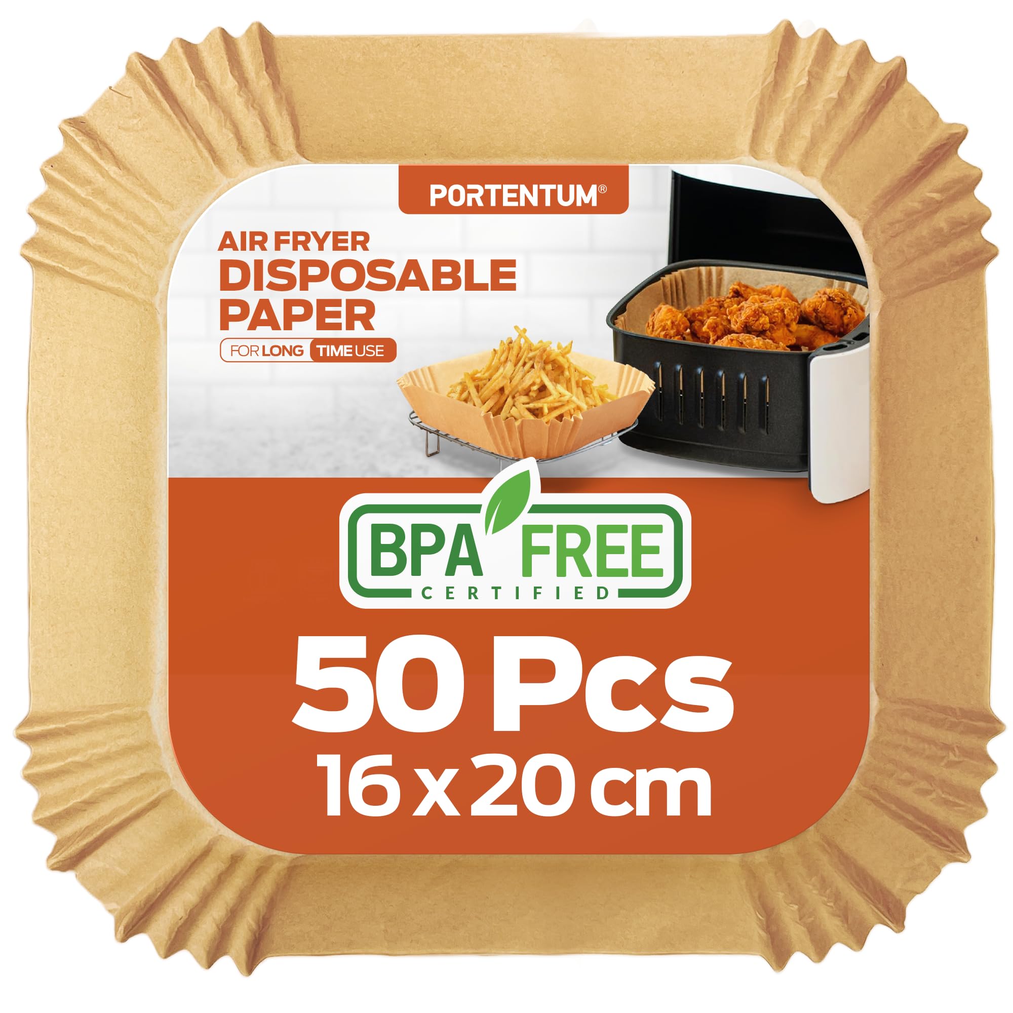 PORTENTUM Backpapier für Heißluftfritteuse 50 Stück BPA-frei, 16-20 cm, Airfryer Backpapier Antihaft Wasserdicht Ölfest Einwegschalen Luftfritteuse Pergamentpapier Liner für Heißluftfritteuse