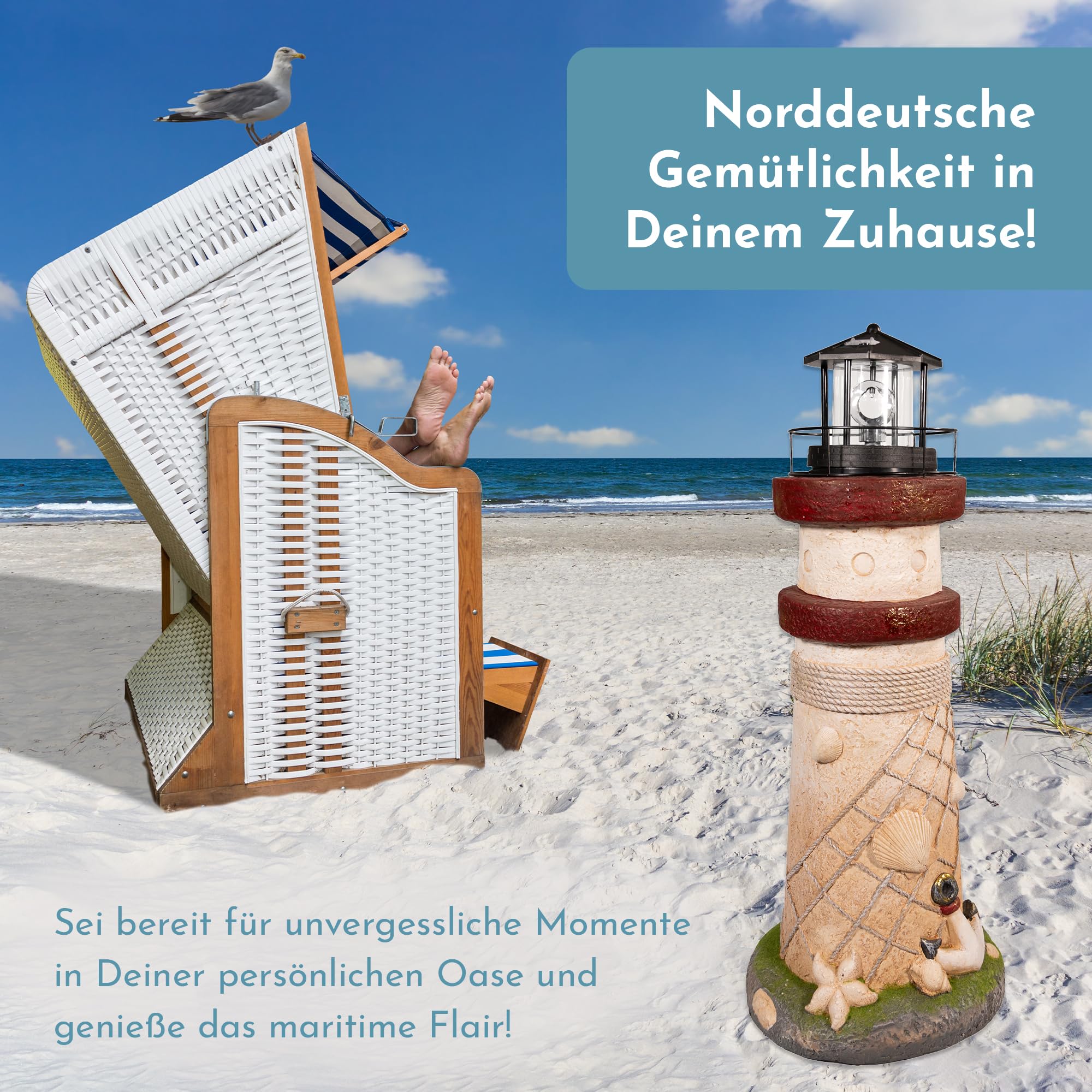 NATIV LEMODO Gartendeko Leuchtturm 81 cm hoch | Handbemalte Gartenfigur mit solarbetriebenem, rotierendem Leuchtfeuer | Maritime Außendeko mit LED Beleuchtung