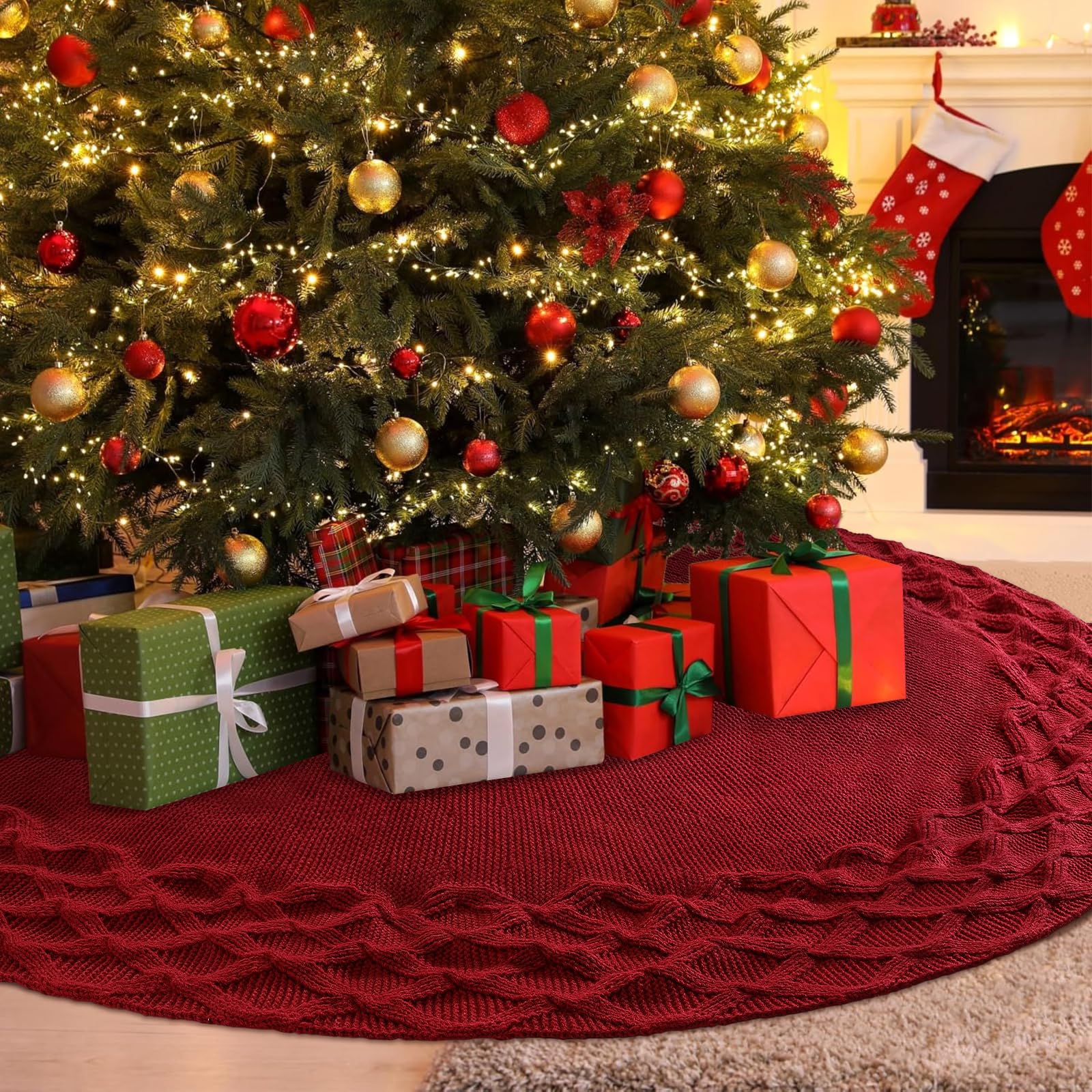 Gonne Rotonda per Alberi di Natale 120 cm Grande Tappeto per Albero di Natale Lavorata a Maglia Motivo a Quadri Copri Base Christmas tree per Casa Vacanze Feste Decorazione, Rosso