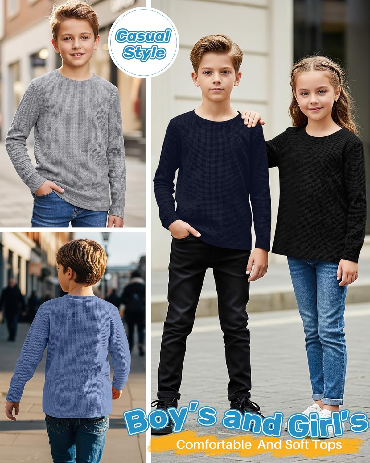 4 Pack Boys Long Sleeve Shirts Crewneck Kids Waffle Knit T Shirts Toddler Boy Thermal Casual Tops Tees 5-14 Years(Haze Blue, Navy Blue, Gray, Black,5-6 Years) - Image 4