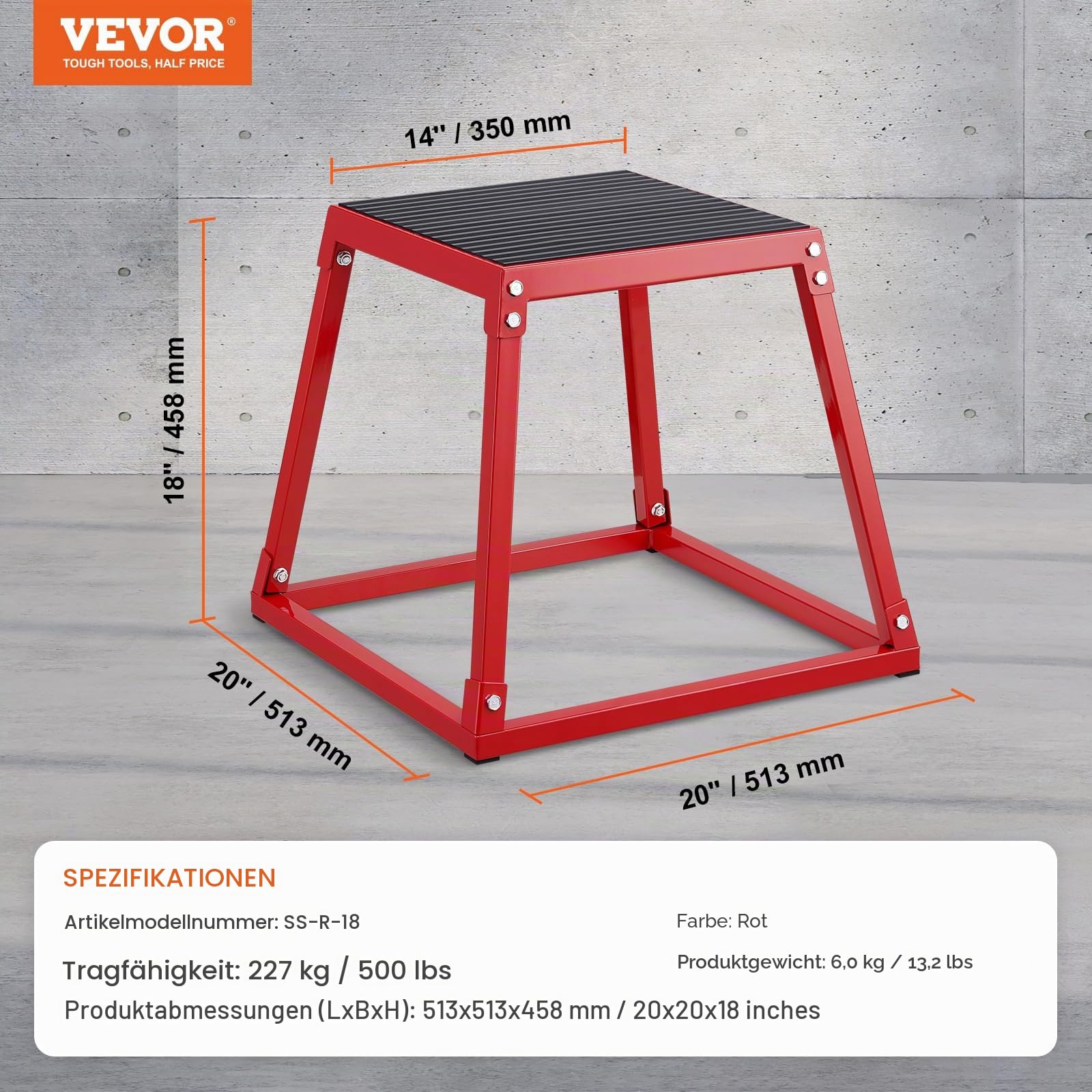 VEVOR Plyometrische Sprungbox, 458 mm Plyo-Box, Plyometrische Plattform Plyobox Rot, Rutschfeste Fitness-Übungs-Step-Up-Box für Heimtraining, Konditions-Krafttraining, Gesäß, Oberschenkel Trainieren