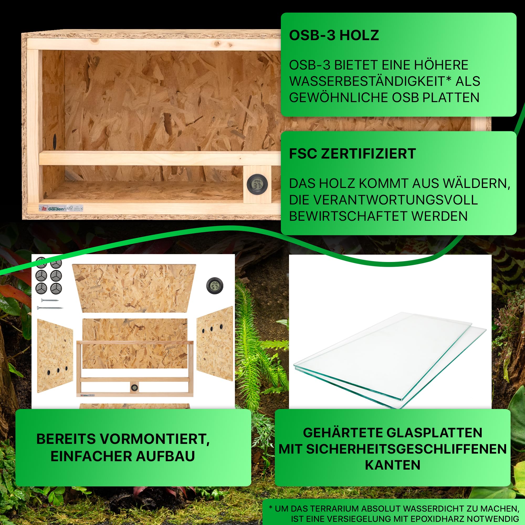 ITA Holz Terrarium 100x40x40 cm mit Seitenbelüftung & Integriertem Hygrometer - Holzterrarium aus OSB-3 Platten - Terrarien für Reptilien, Schlangen, Amphibien - EU Produkt, FSC Zertifiziert