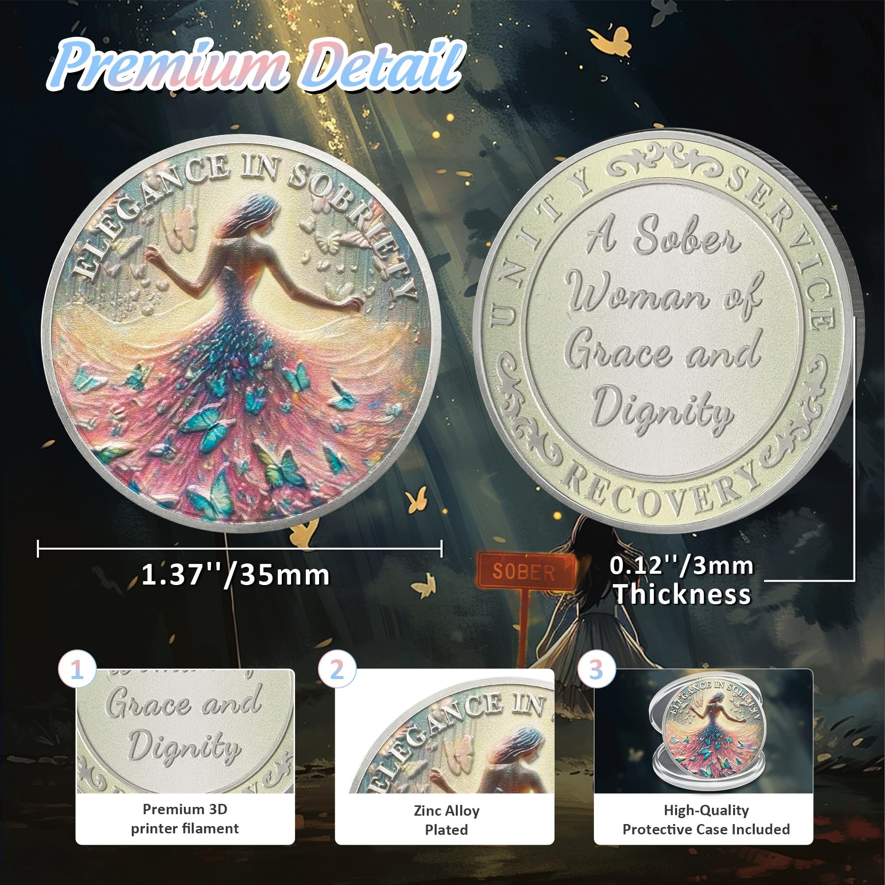 Artsy Grace - Moneda de sobriedad para mujer, monedas AA de mariposa de recuperación, adicción a la hermana al poder, fichas y medallones, celebra la vida limpia, narcóticos, alcohólicos, anónimos
