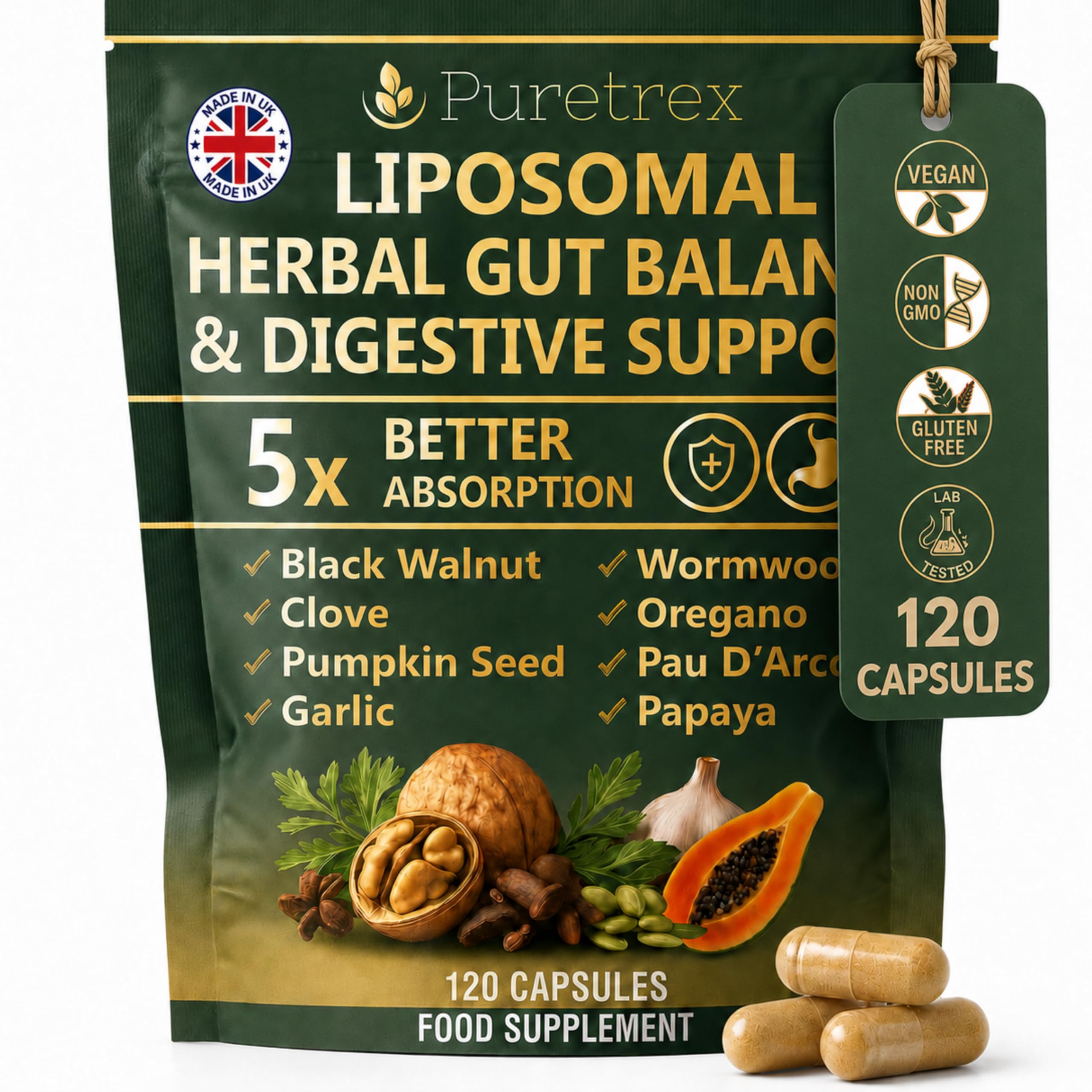 Liposomal Herbal Parasite Cleanse, 9 Herb Wormwood Black Walnut Clove Formula, Gut Detox with Pumpkin Seed Garlic Oregano PAU D'Arco Papaya, 120 Vegan Capsules
