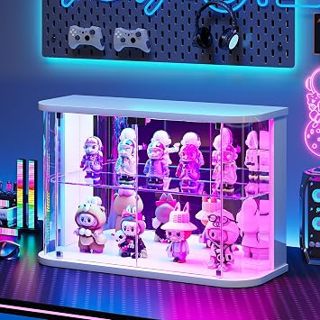 Lvifur Rounded Glass Display Case - for Figures & Collectibles, 2-Tier Curio Display Cabinet with RGB Lights, Small Lighted Display Box with Glass Door, Glass Shelf, Mirror Back, White