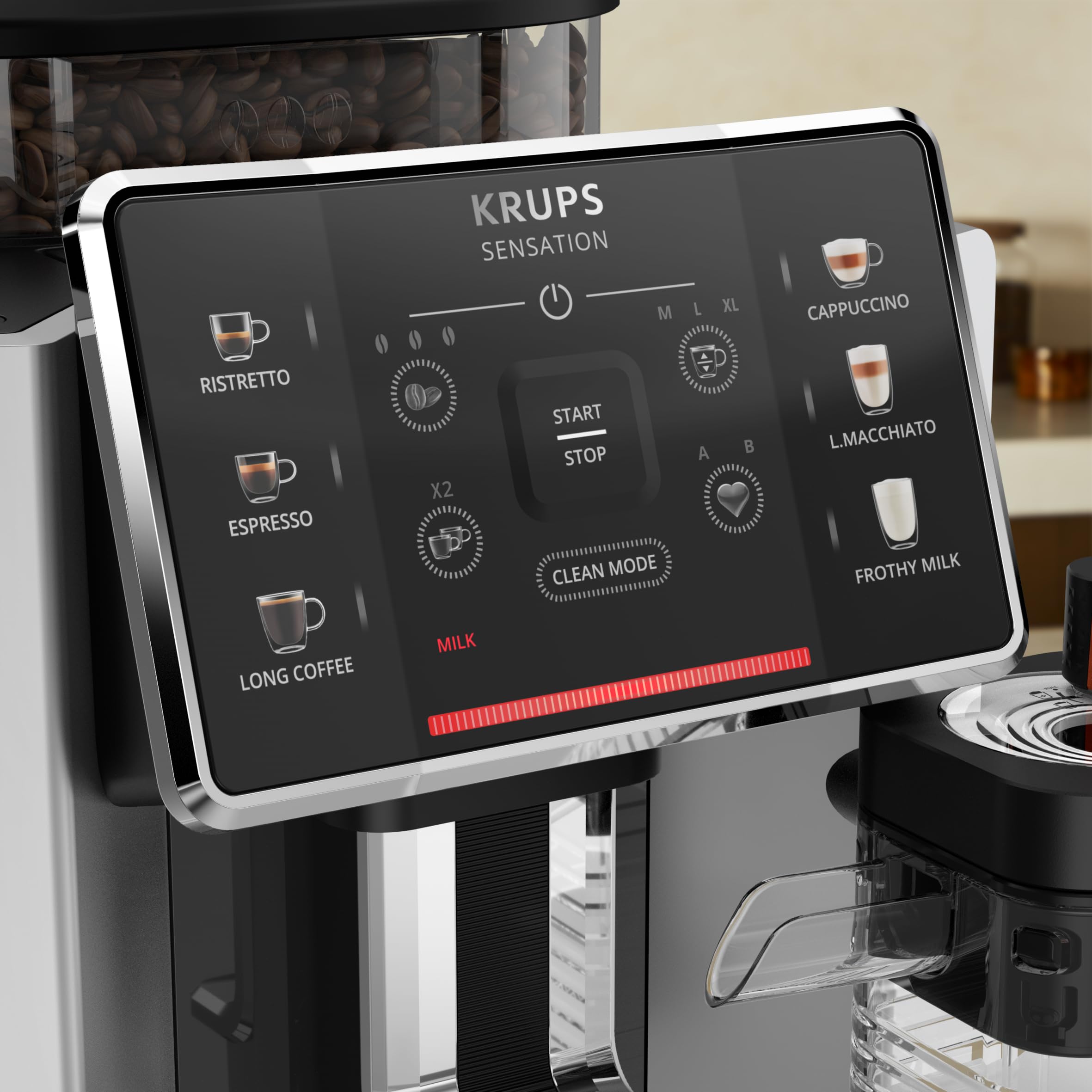 KRUPS EA912E Ekspres automatyczny SENSATION MILK M50 System Milk Maestro, 6 rodzajów kawy, wyświetlacz LED, system Thermoblock, automatyczne czyszczenie tabletką, stalowy młynek, czarno-srebrny